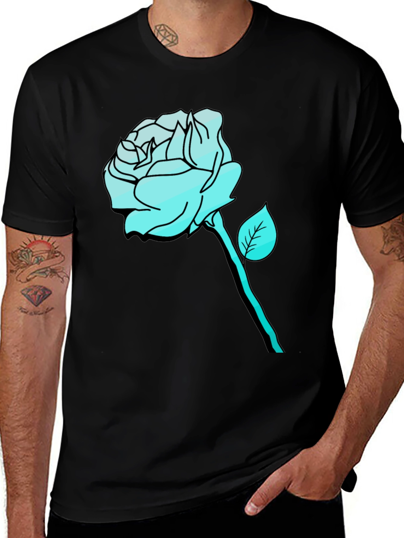 Variant 25 of Men's Black T-Shirt with Aqua Rose Graphic