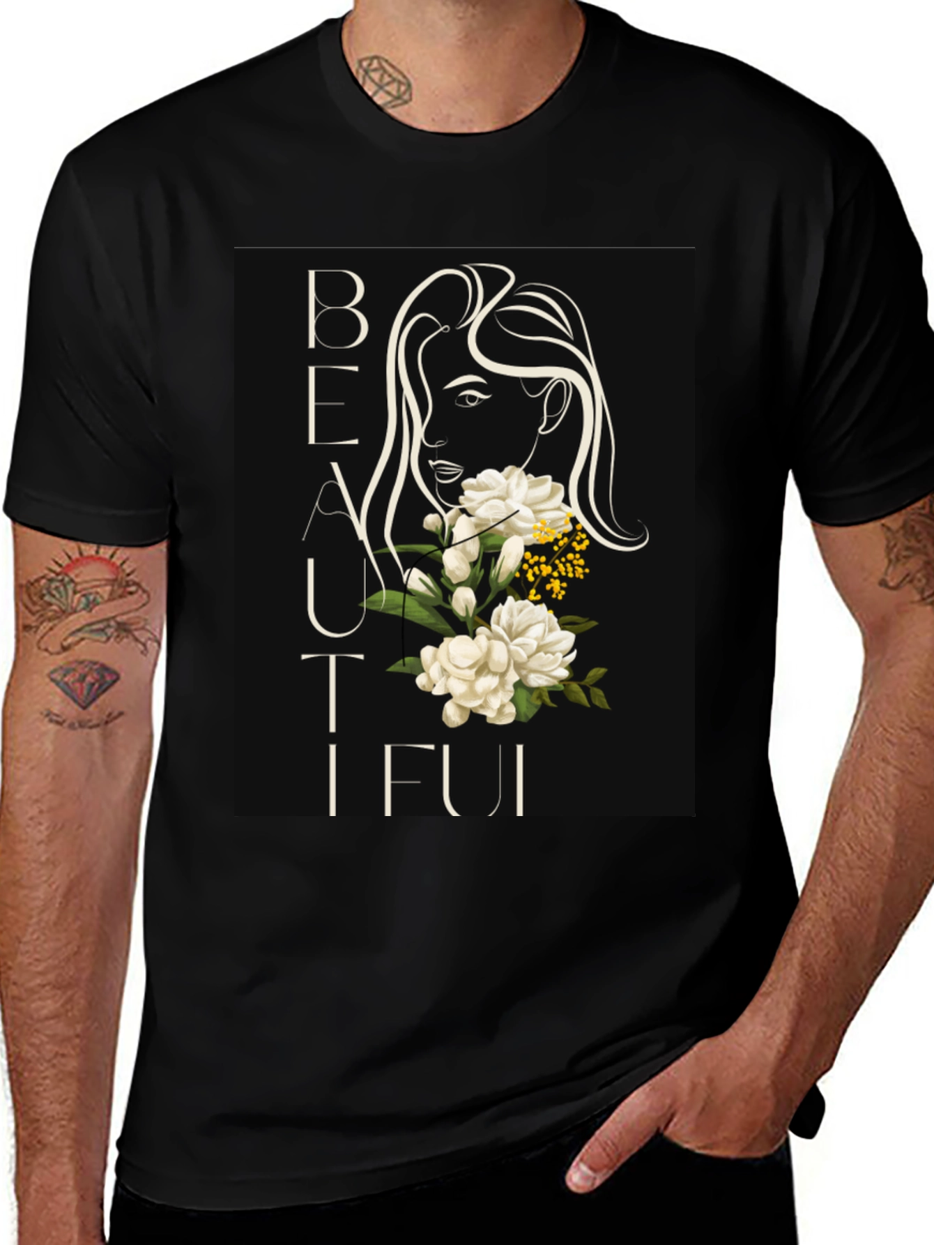 Elegant Floral Woman Black T-Shirt