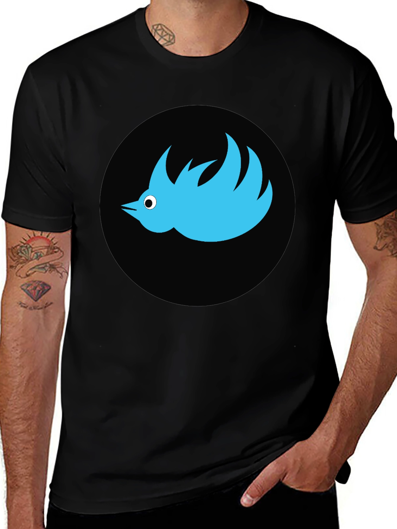 Variant 22 of Black T-Shirt with Stylized Blue Bird Design