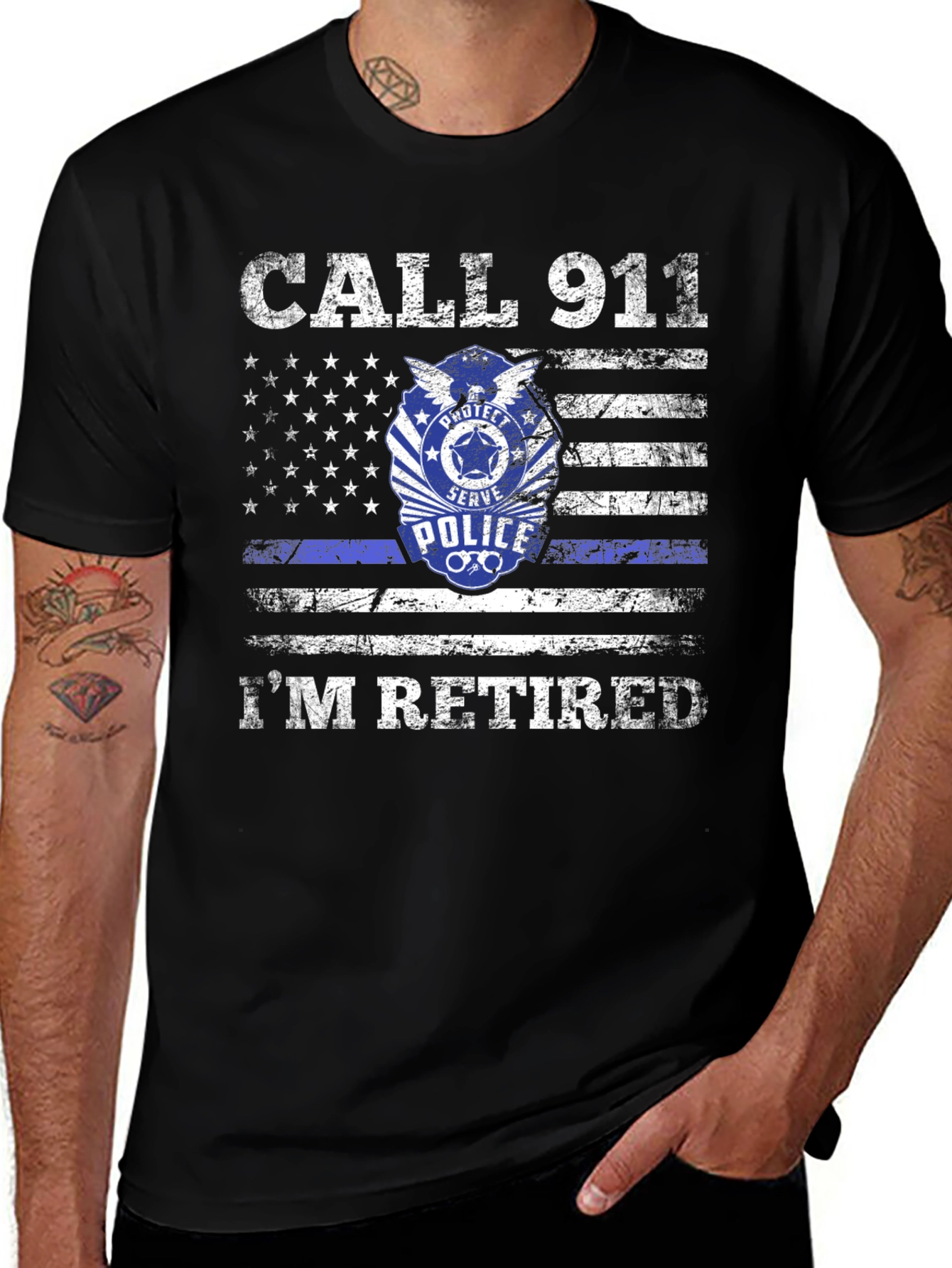Retired Police American Flag Graphic T-Shirt