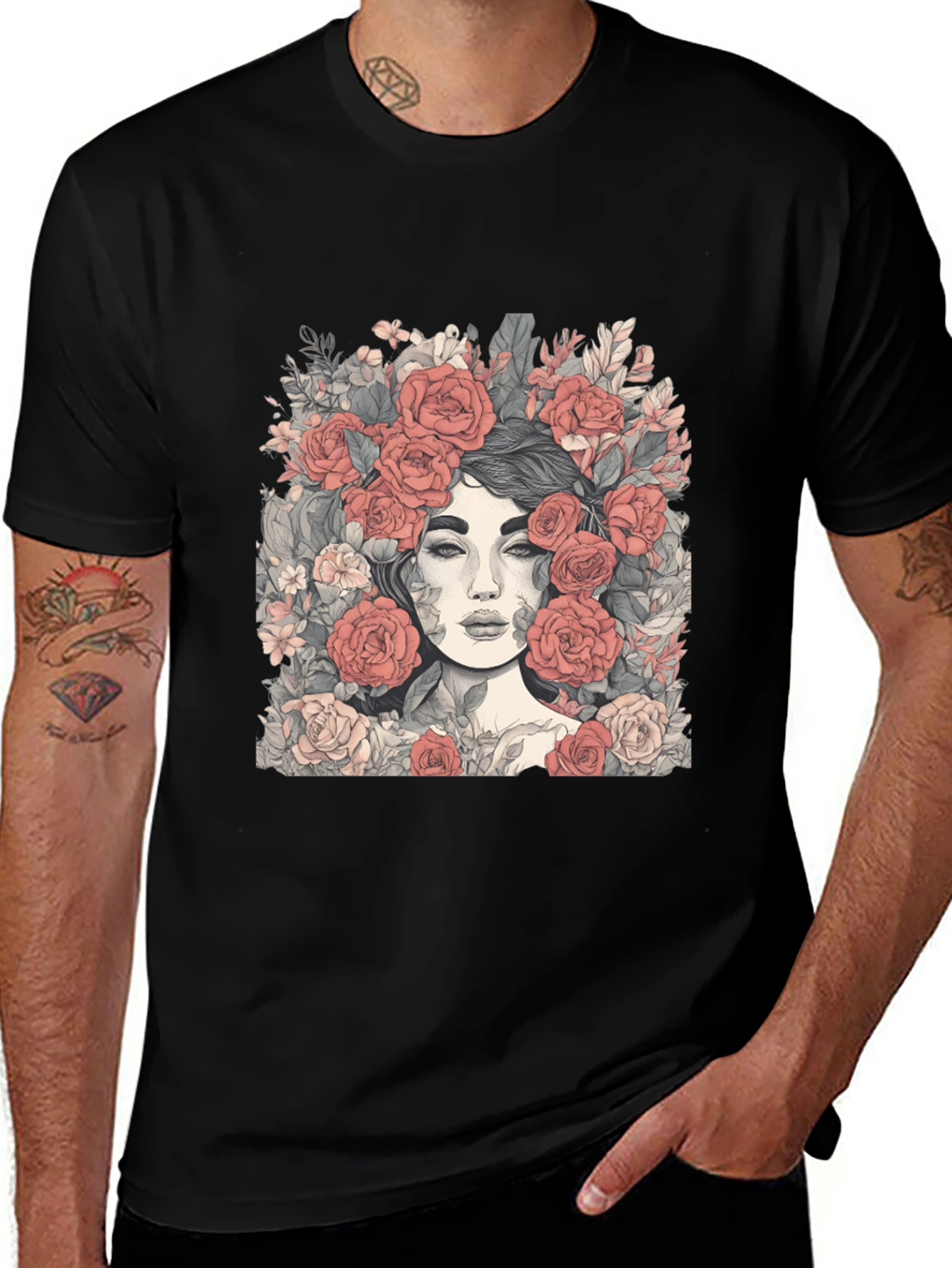 Variant 9 of Floral Portrait Graphic Tee - Unisex Black T-Shirt