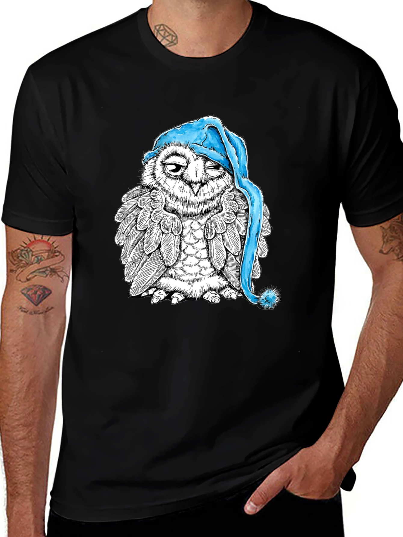 Variant 9 of Sleepy Owl Graphic Tee - Black Cotton T-Shirt