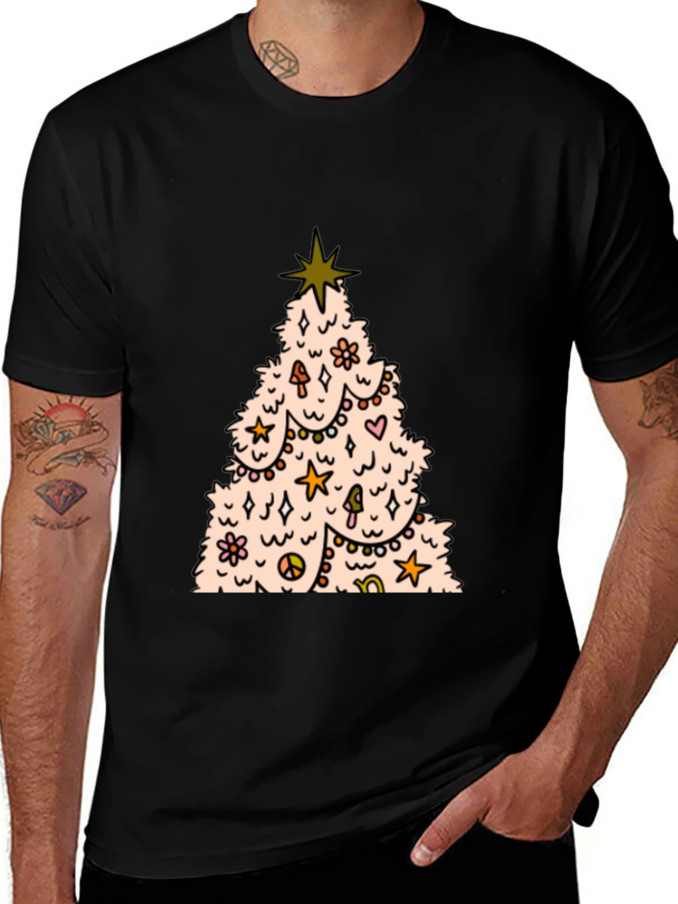 Retro Christmas Tree Graphic Tee - Black