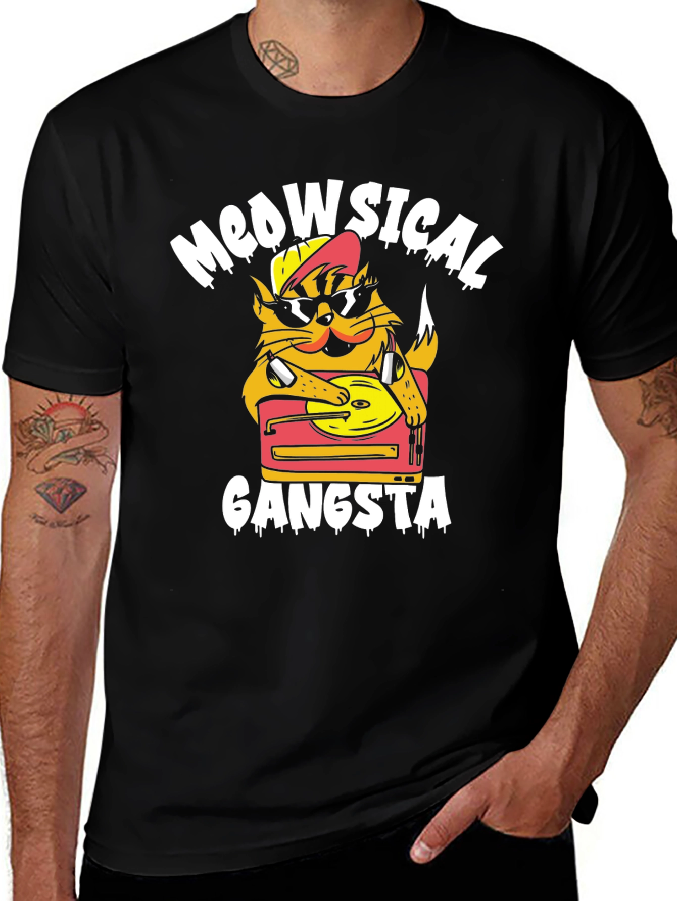 Variant 18 of Meowsical Gangsta Black T-Shirt - Cat DJ