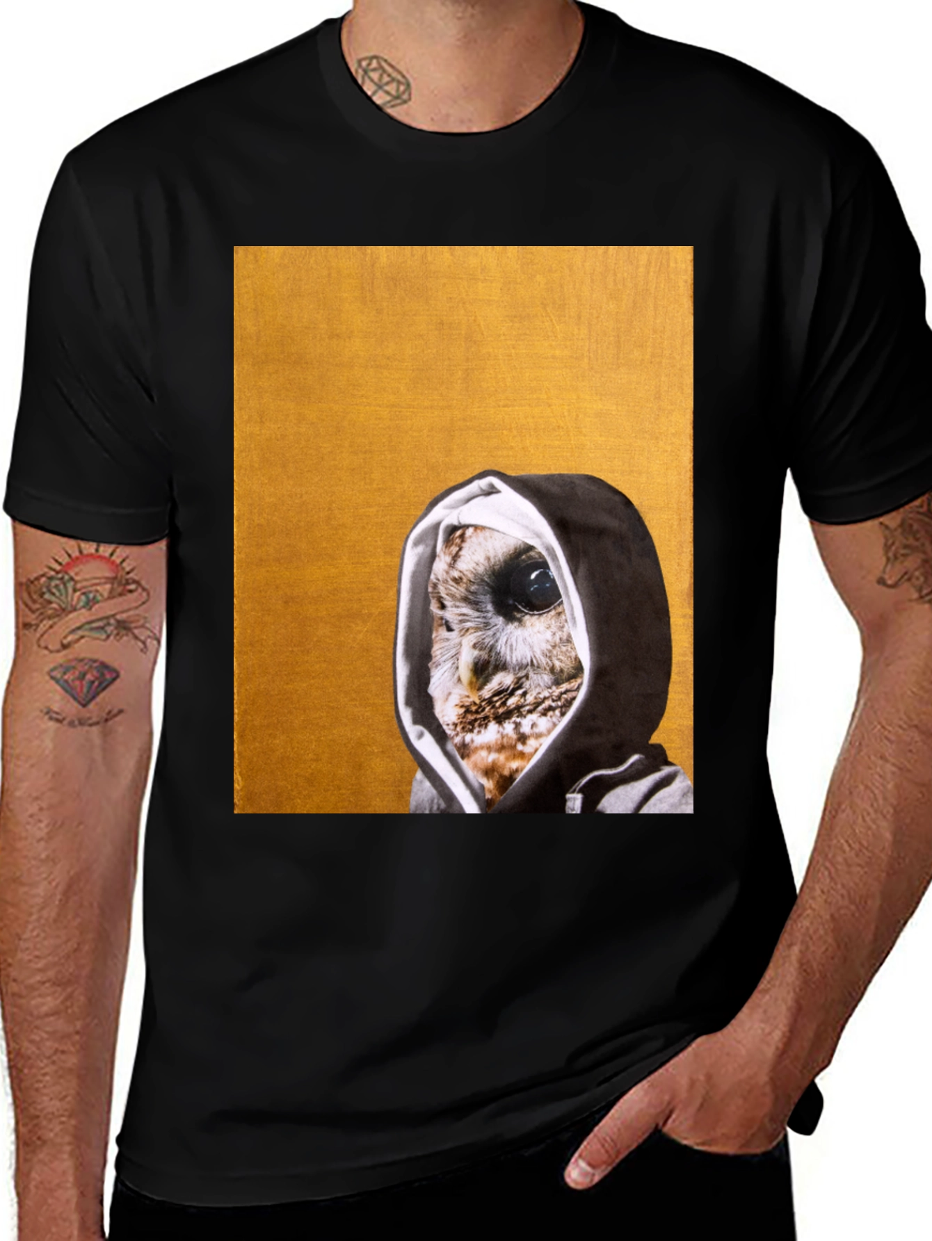 Variant 14 of Hooded Owl Graphic Tee - Cool Black T-Shirt