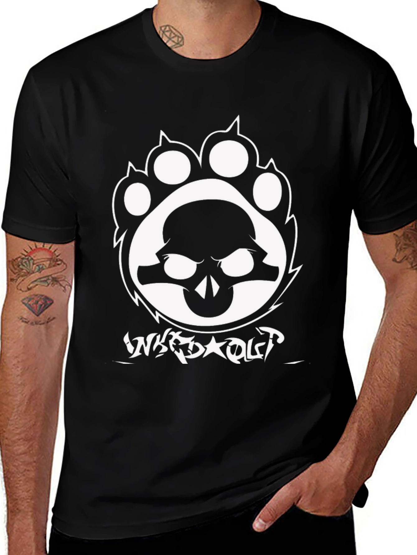 Black Skull Paw Graphic Tee - Black Crew Neck Cotton T-Shirt main image