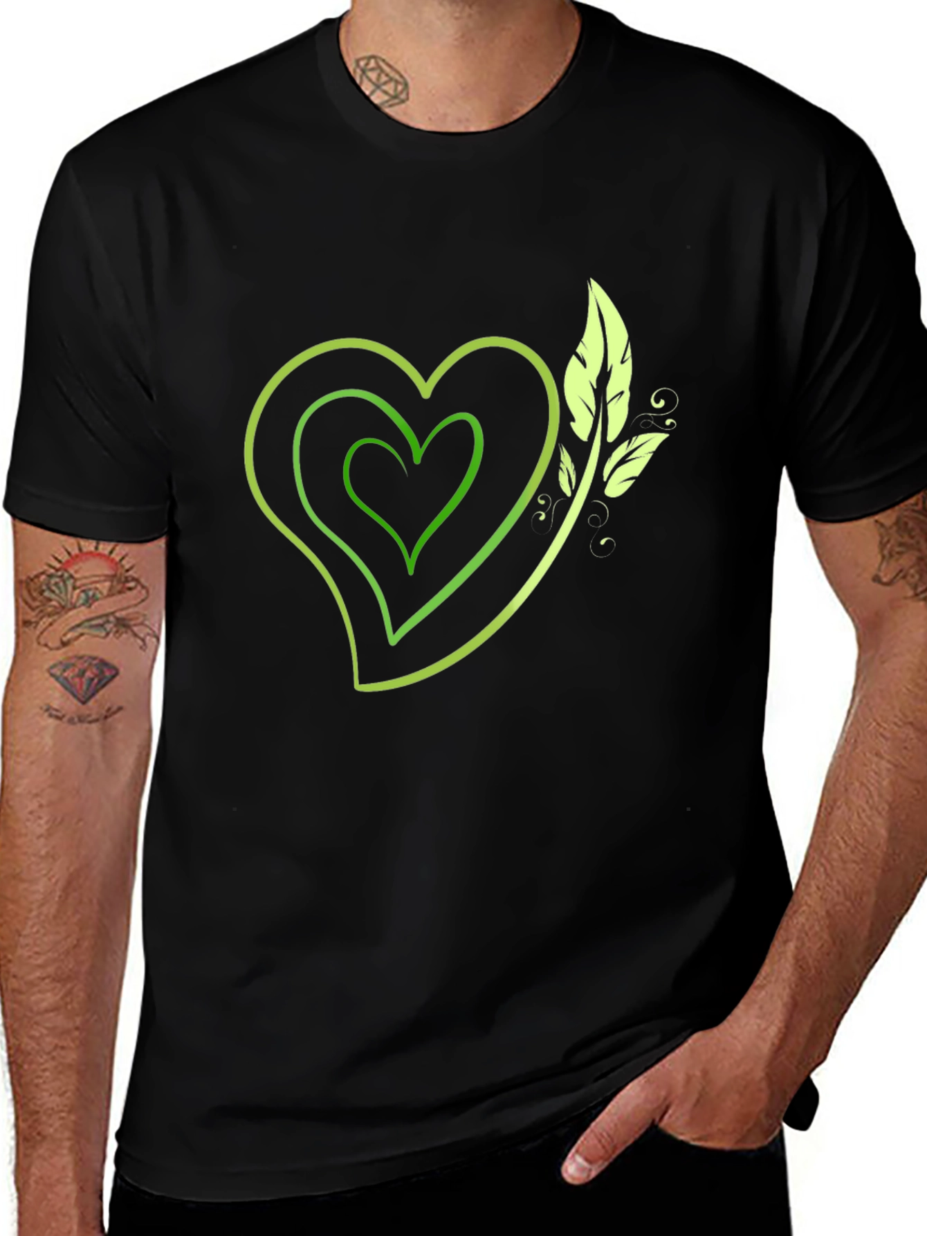 Variant 15 of Green Heart & Leaf Graphic Black T-Shirt