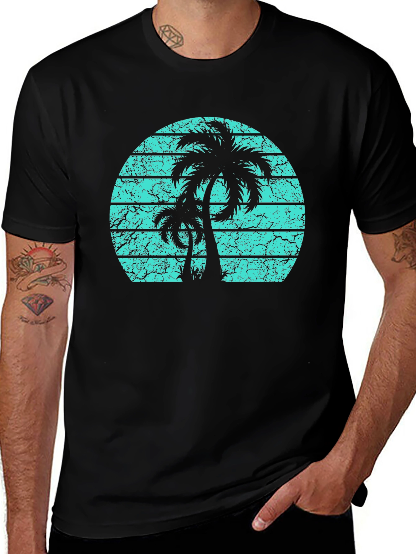 Tropical Palm Tree Sunset Graphic Tee - Black