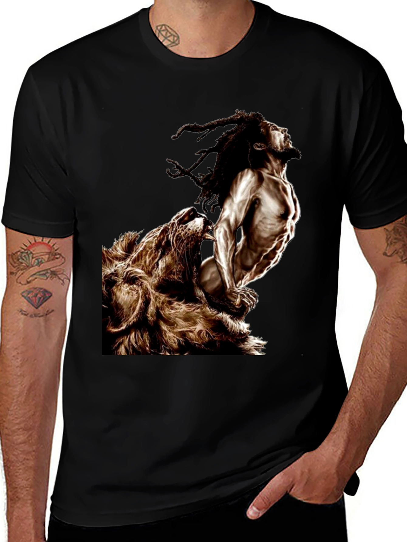 Variant 3 of Lion & Rasta Graphic T-Shirt - Men's Black Tee