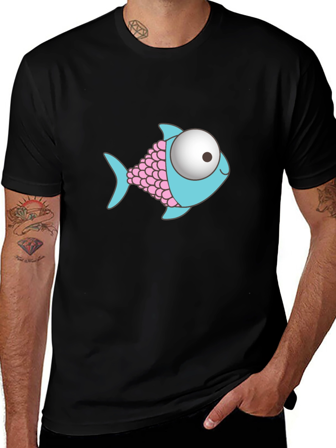 Variant 18 of Cartoon Fish Graphic Black T-Shirt