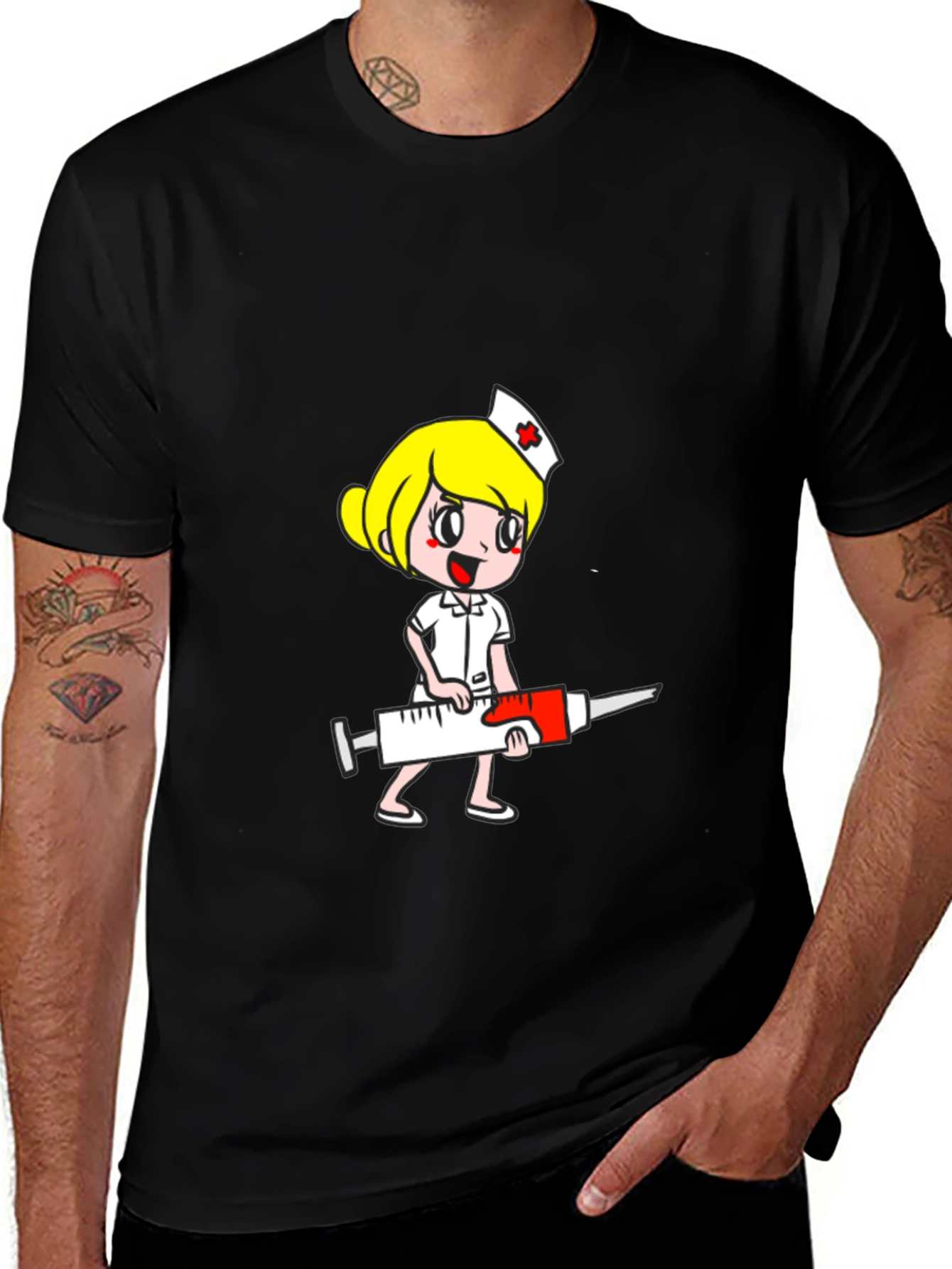 Variant 22 of Cartoon Nurse Graphic Tee - Black Cotton T-Shirt