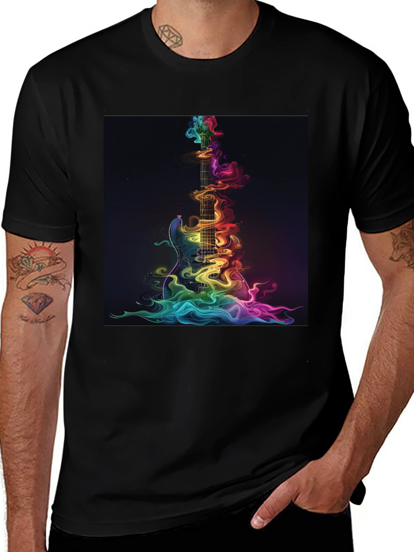 Variant 6 of Rainbow Smoke Guitar Graphic Black T-Shirt