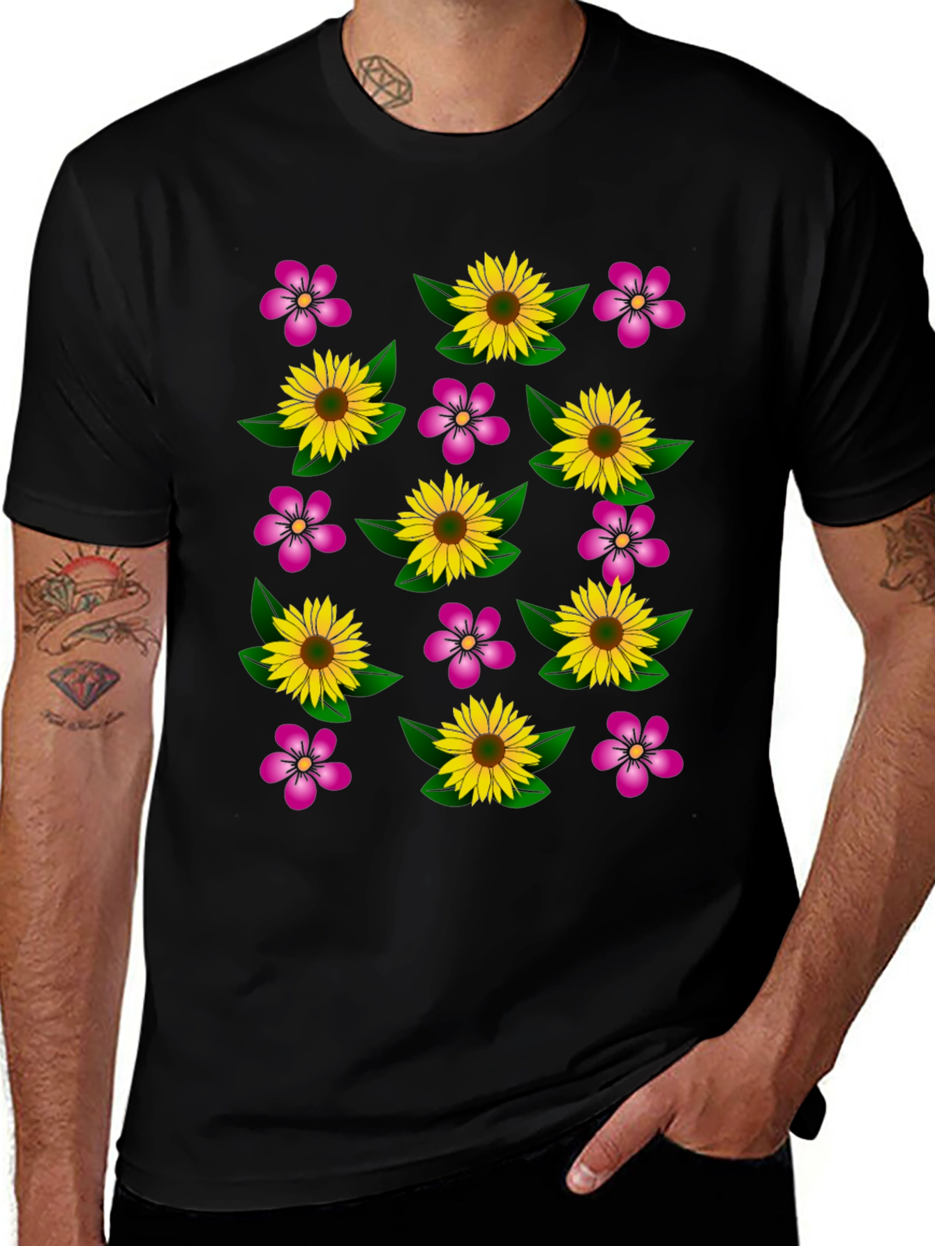 Variant 13 of Floral Print T-Shirt - Men's Black Tee