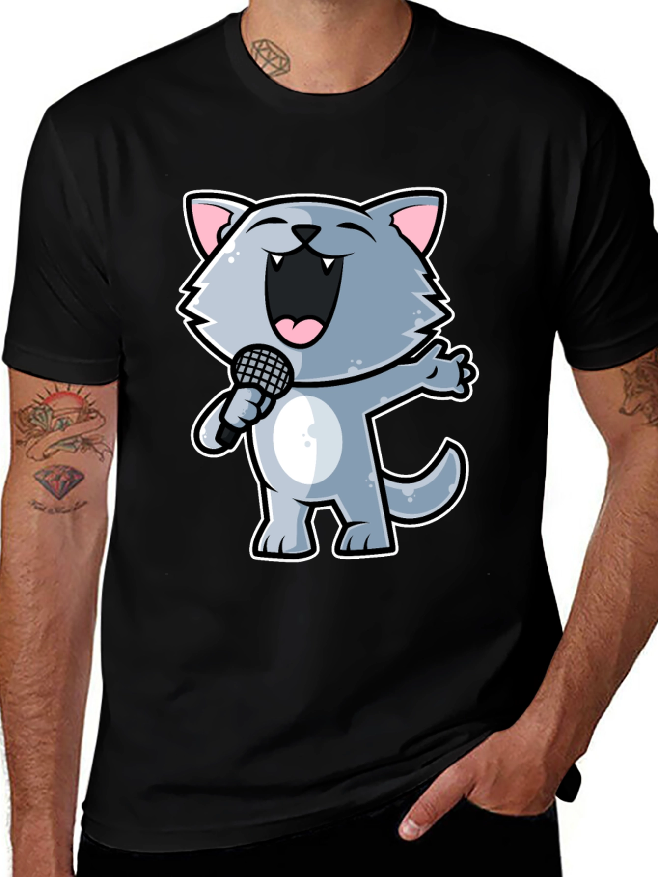 Variant 15 of Singing Cartoon Cat T-Shirt - Black Crew Neck