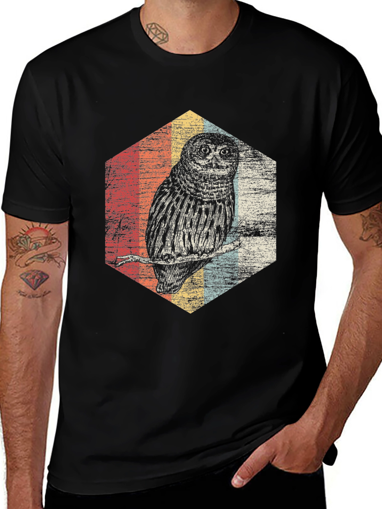 Variant 29 of Retro Owl Graphic Tee - Vintage Design Black T-Shirt