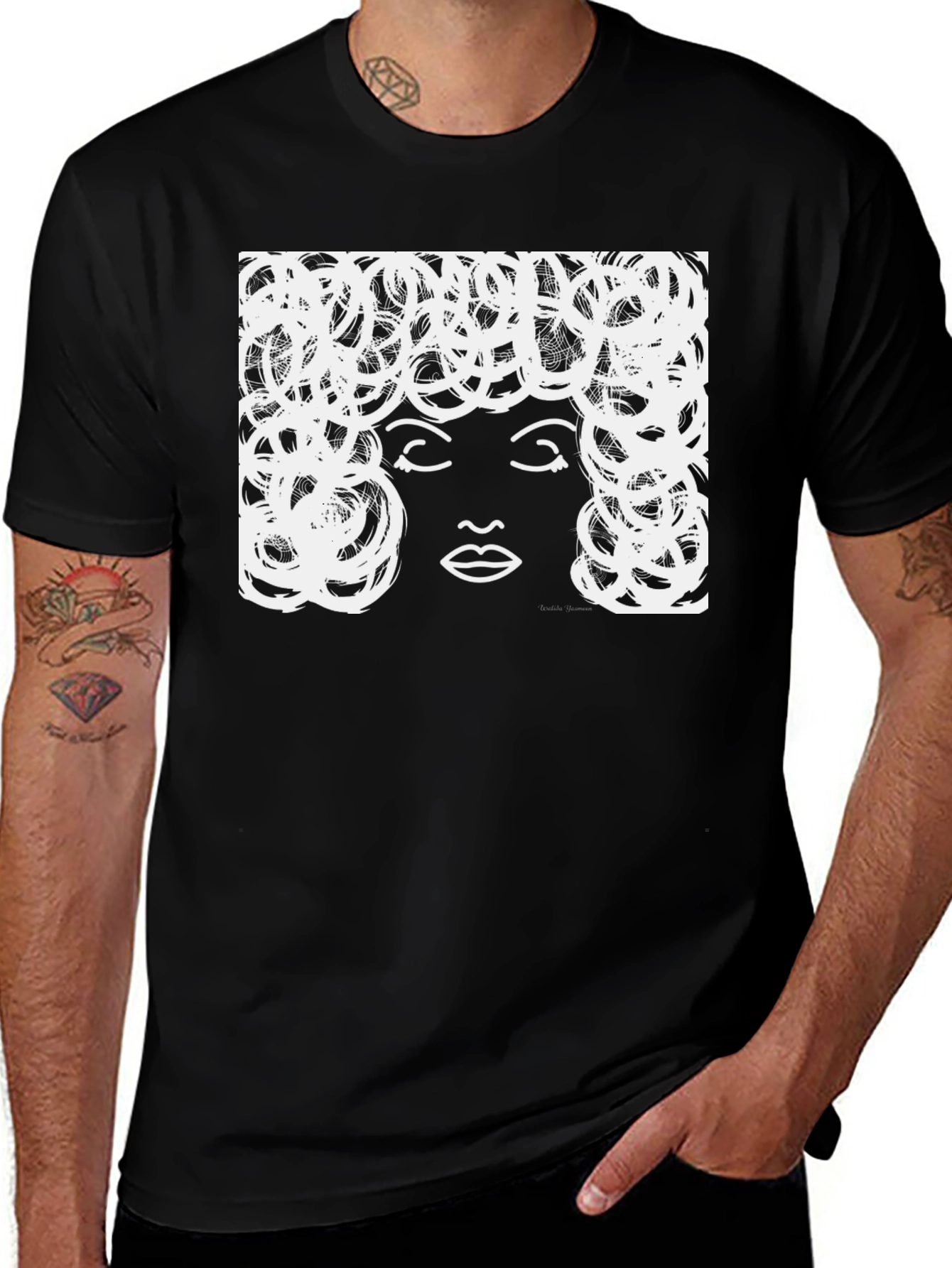 Variant 8 of Black Graphic Tee - Woman's Face with Curly Hair