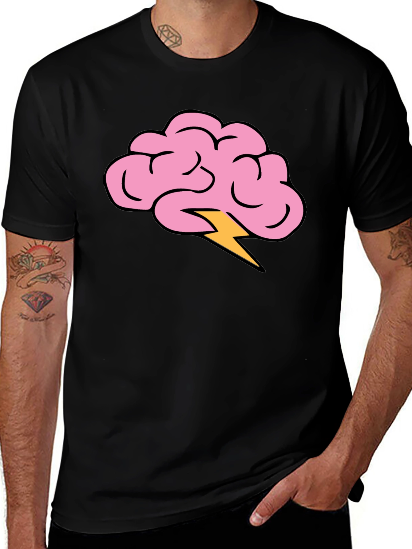 Variant 17 of Brain Lightning Bolt Graphic Tee - Black Cotton T-Shirt