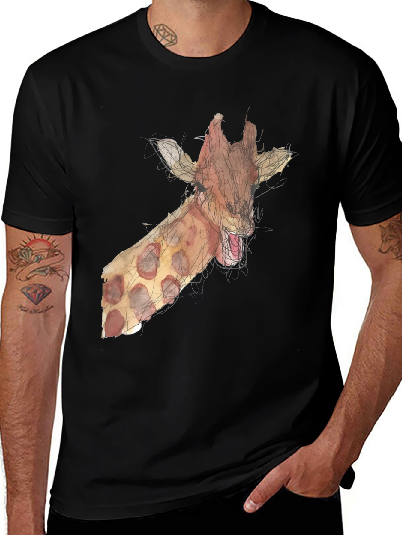 Variant 18 of Giraffe Sketch Print Black T-Shirt