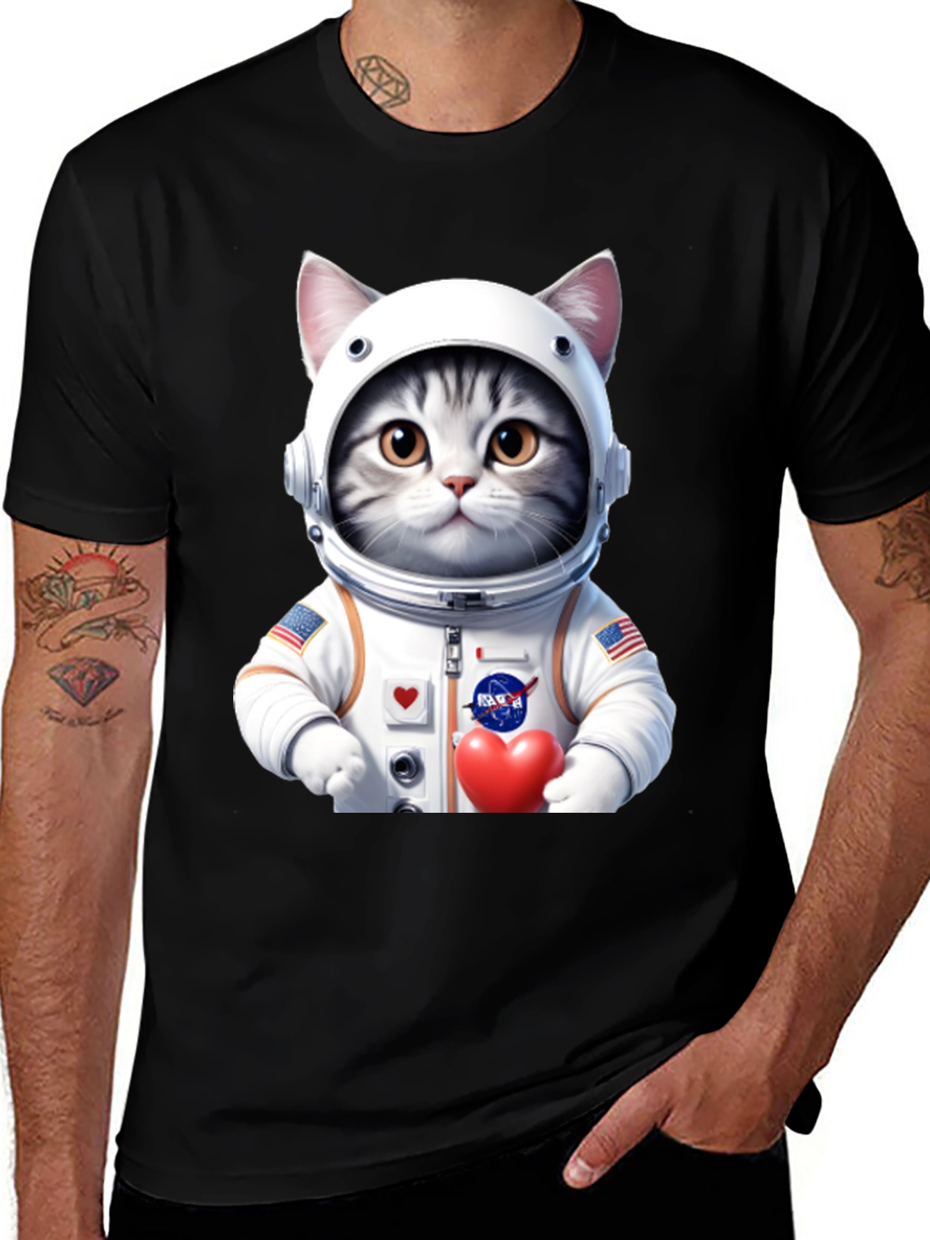 Variant 25 of Cat Astronaut T-Shirt: Space Kitty Holding Heart