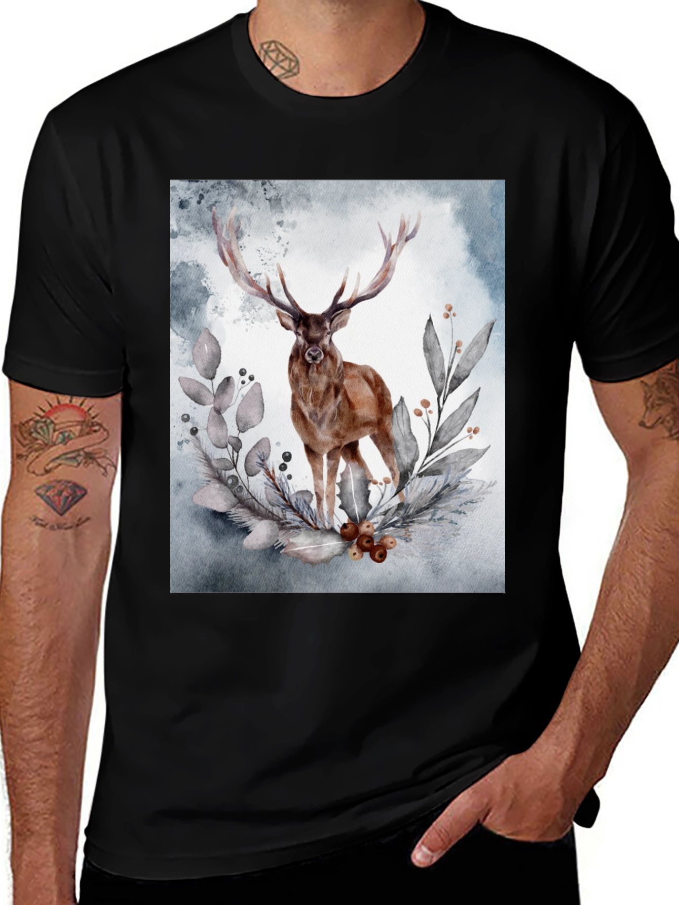 Variant 17 of Deer Graphic Tee - Nature Inspired Black T-Shirt