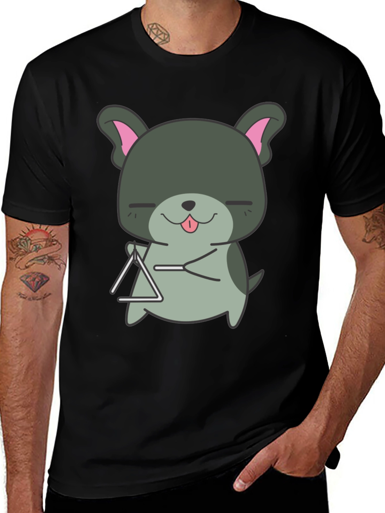 Variant 24 of Cute Dog Triangle Player Black T-Shirt