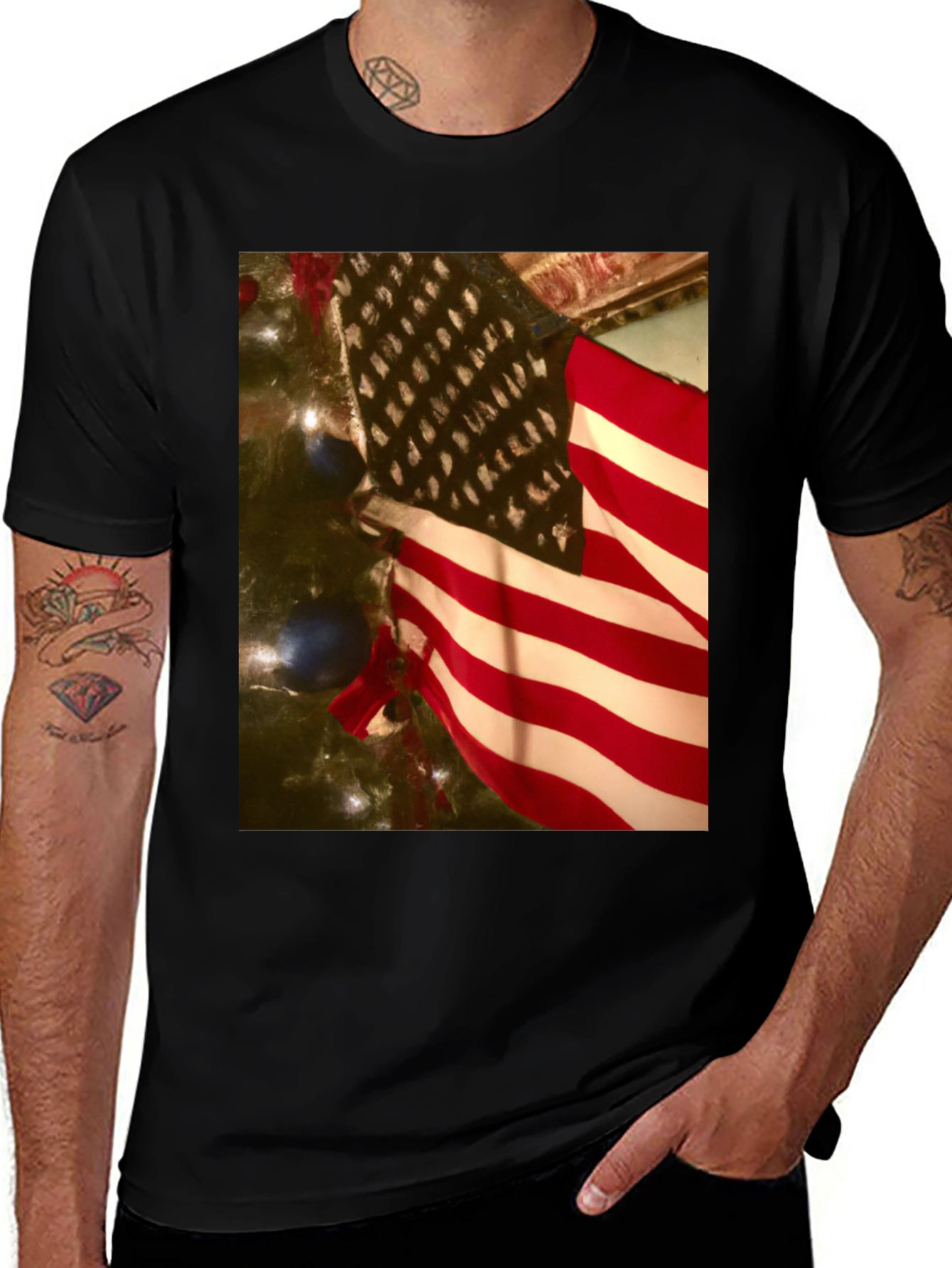 Patriotic Christmas T-Shirt with US Flag & Ornament Design