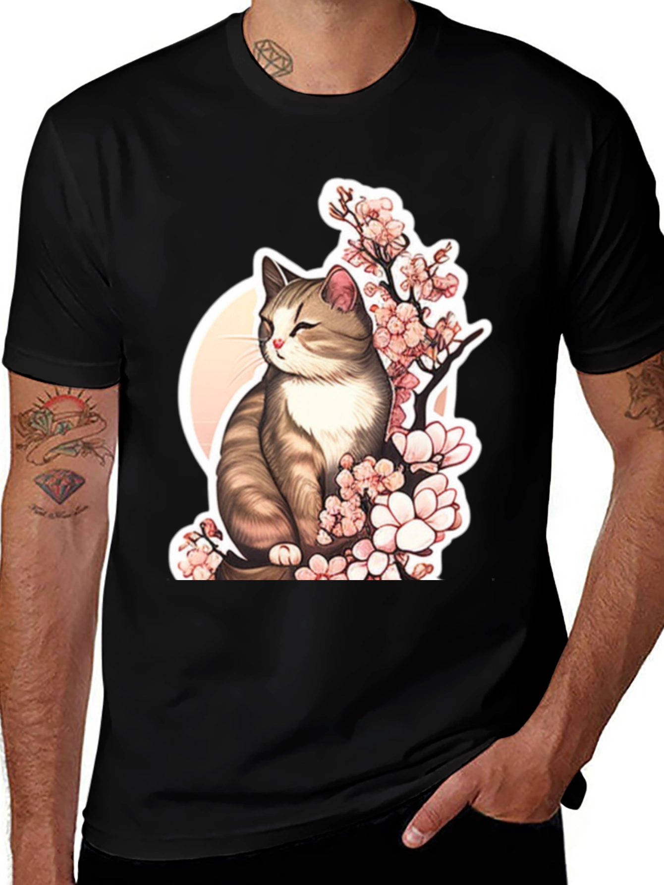 Variant 23 of Cat & Cherry Blossom T-Shirt: Black Cotton Tee