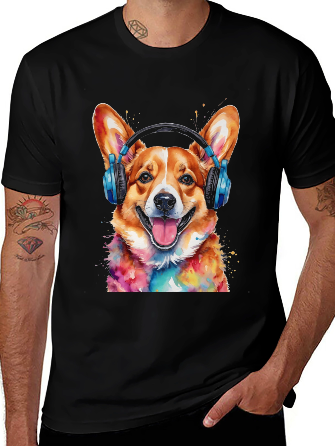 Variant 21 of Corgi DJ T-Shirt - Colorful Dog Headphone Tee