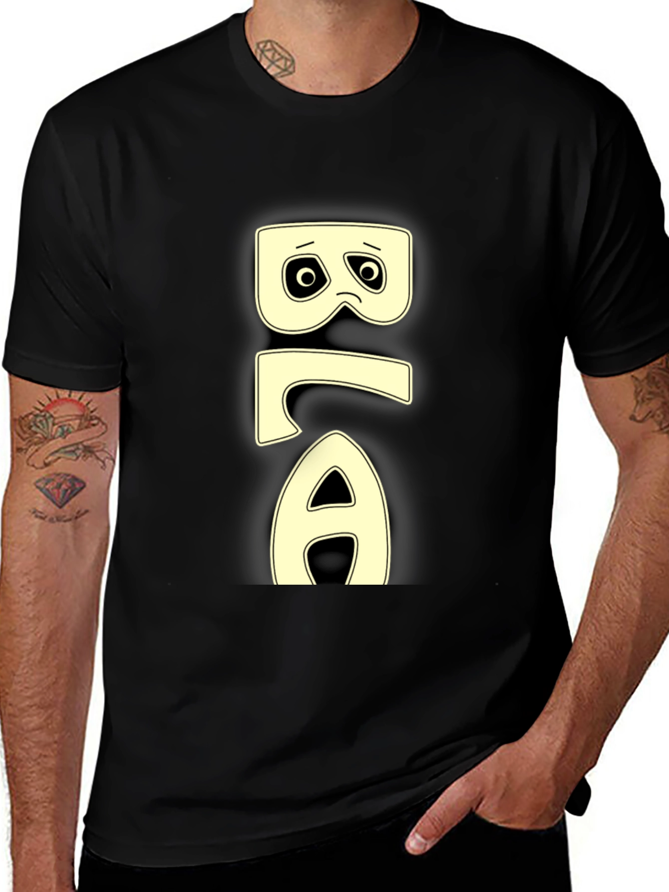 Variant 16 of Black T-Shirt with "BLA" Cartoon Face Design
