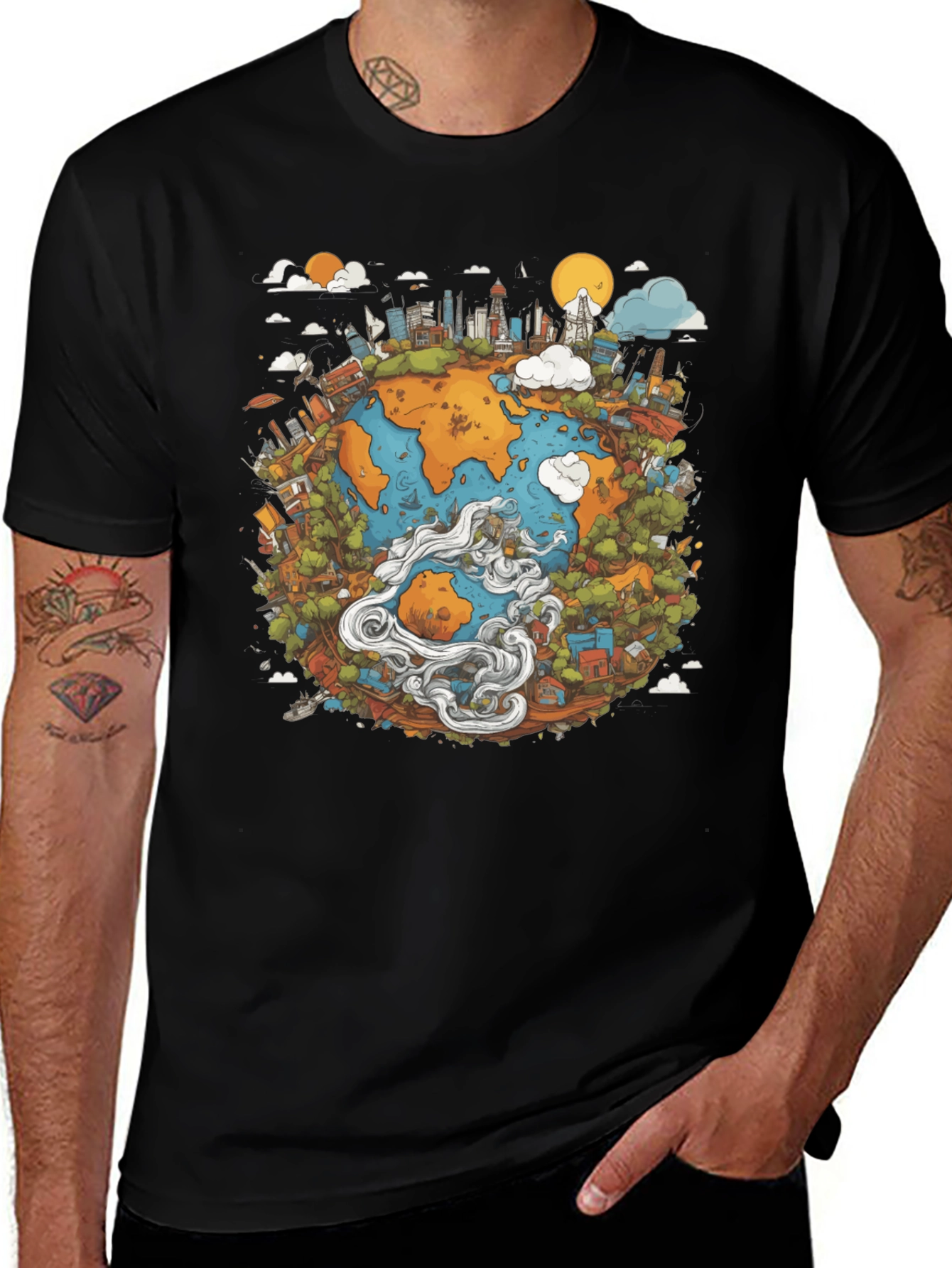 Variant 11 of Earth Graphic Black T-Shirt - Illustrated Globe Design
