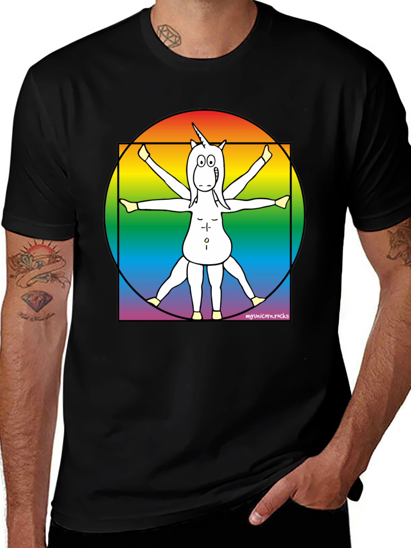 Variant 5 of Vitruvian Unicorn T-Shirt - Rainbow Design