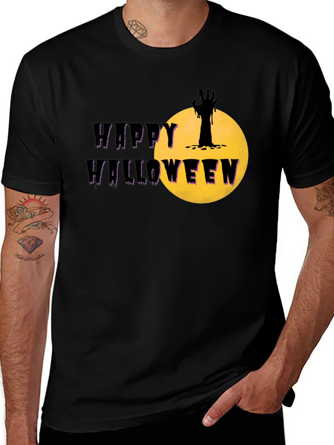 Variant 26 of Happy Halloween Graphic Tee - Zombie Hand Full Moon Black T-Shirt