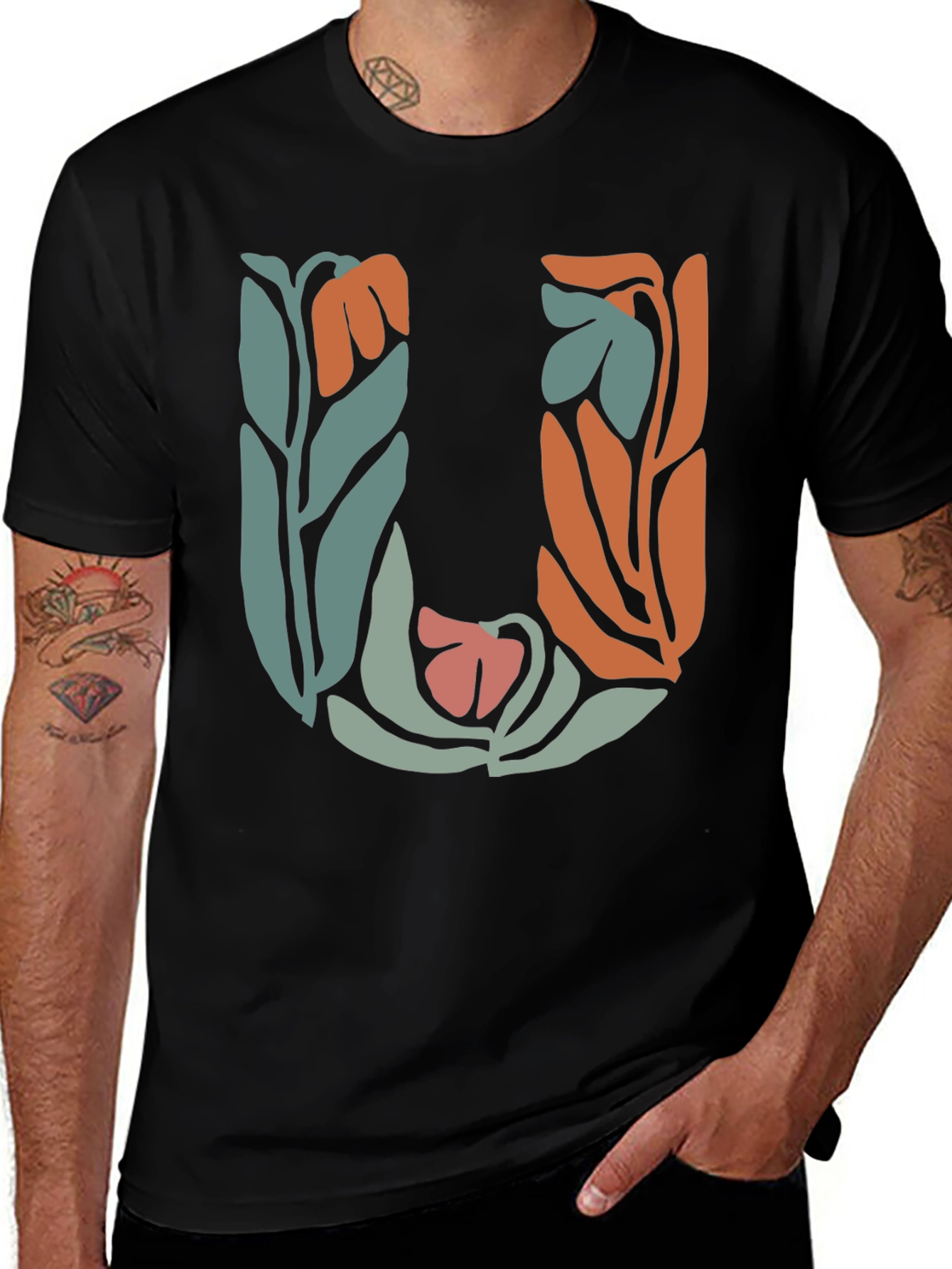 Variant 30 of Floral Letter U Graphic Black T-Shirt