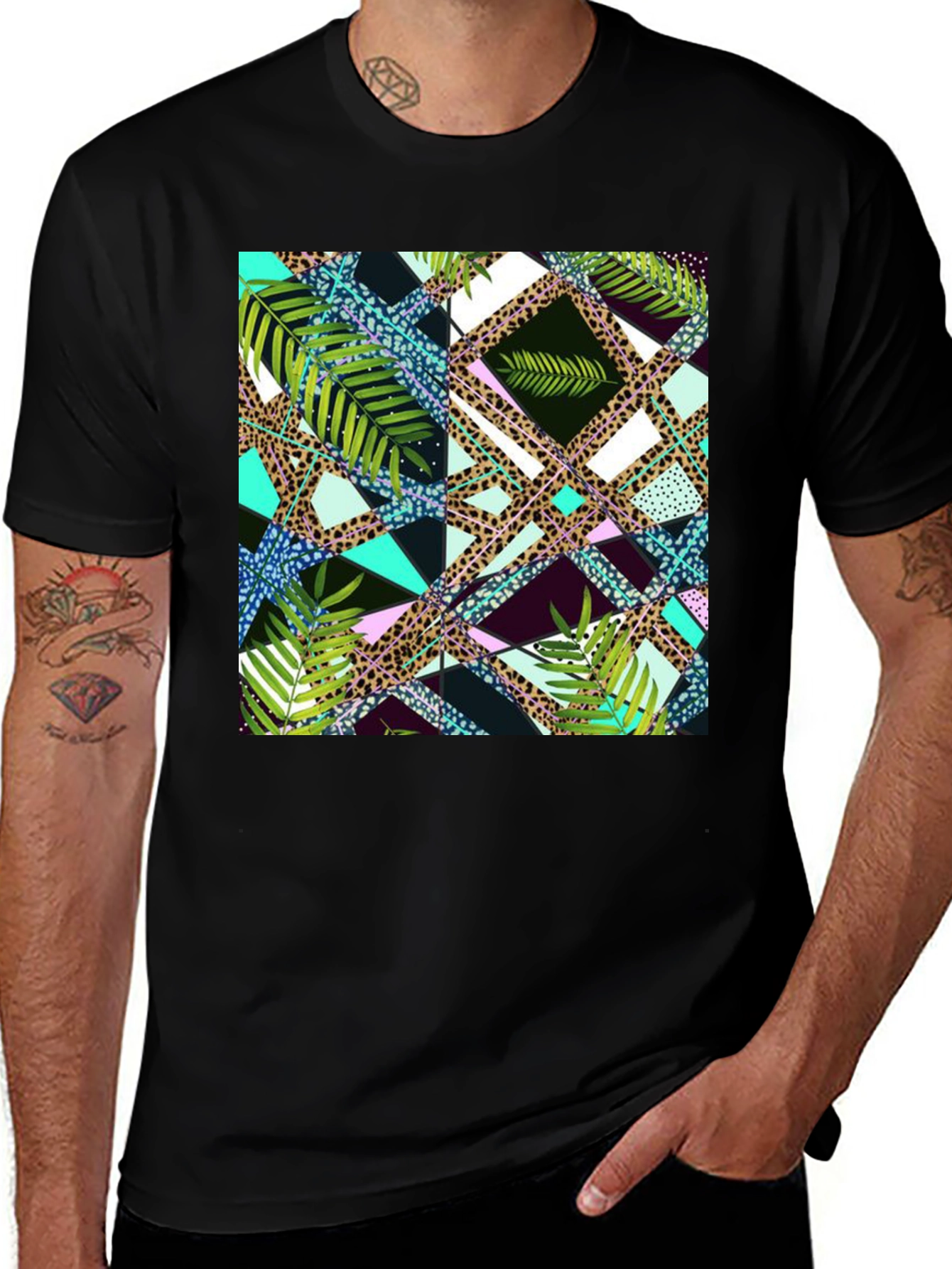 Variant 17 of Tropical Geometric Print Men's Black T-Shirt