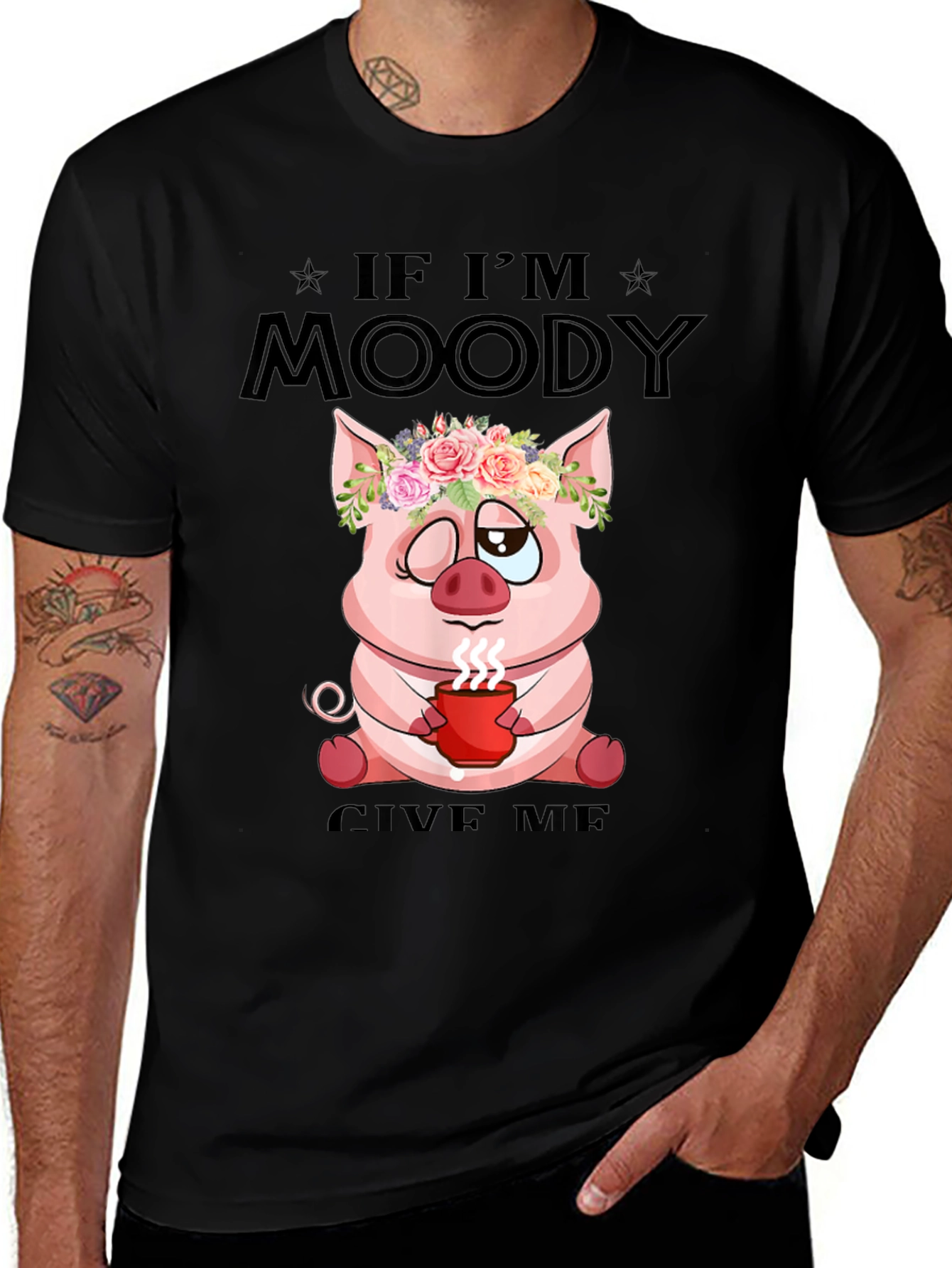 Moody Pig Coffee T-Shirt - Unisex Black Cotton Tee