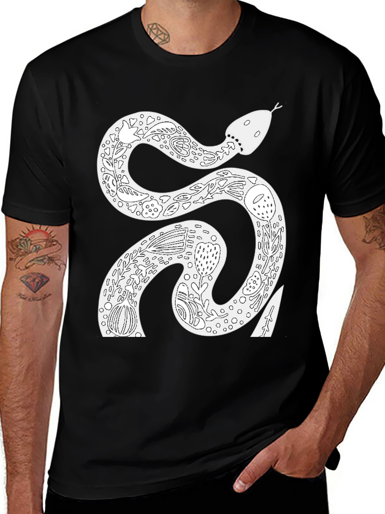 Variant 21 of Snake Floral Graphic Tee - Black Cotton T-Shirt