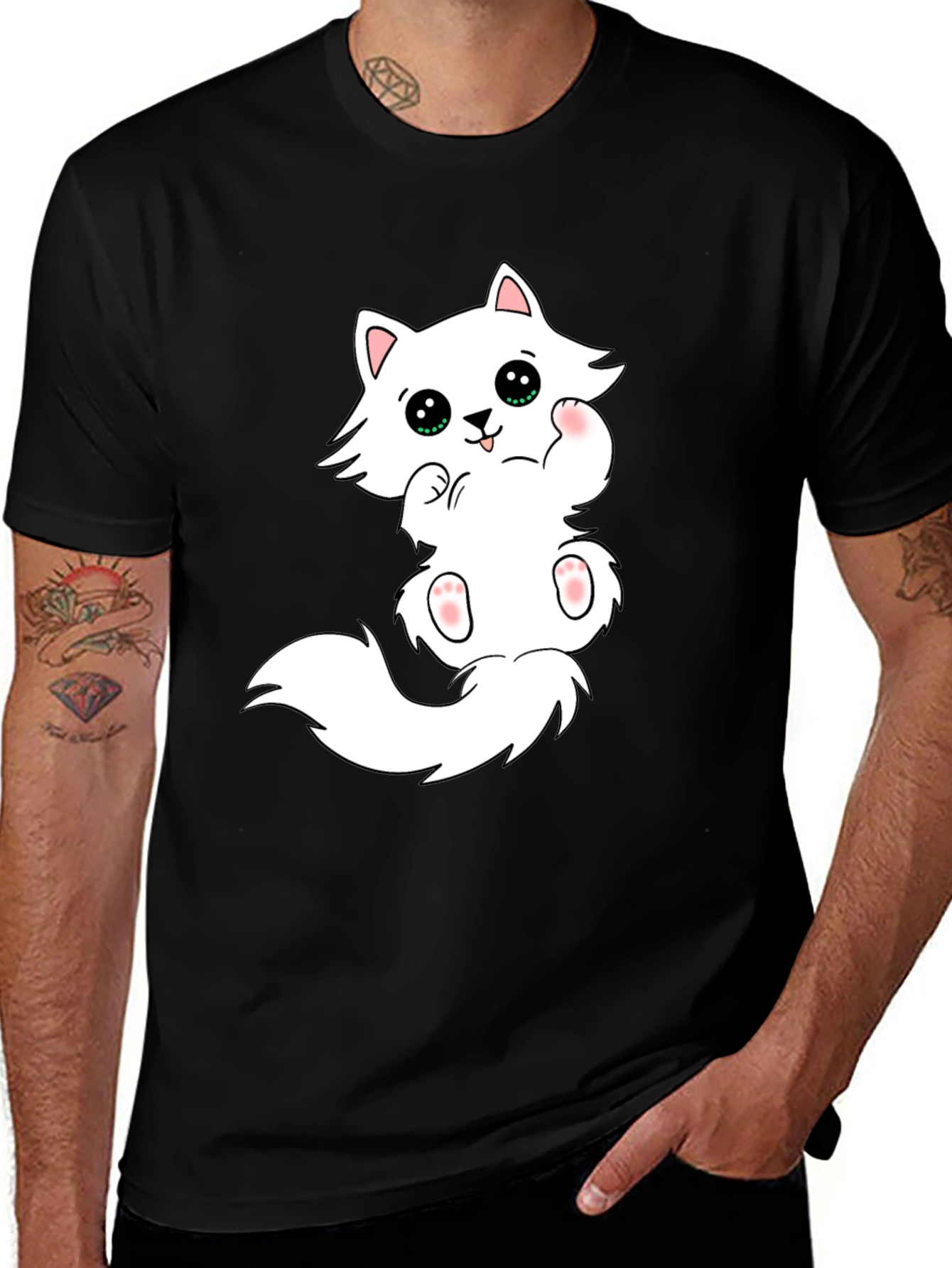Variant 7 of Cute Cartoon Cat Graphic Black T-Shirt