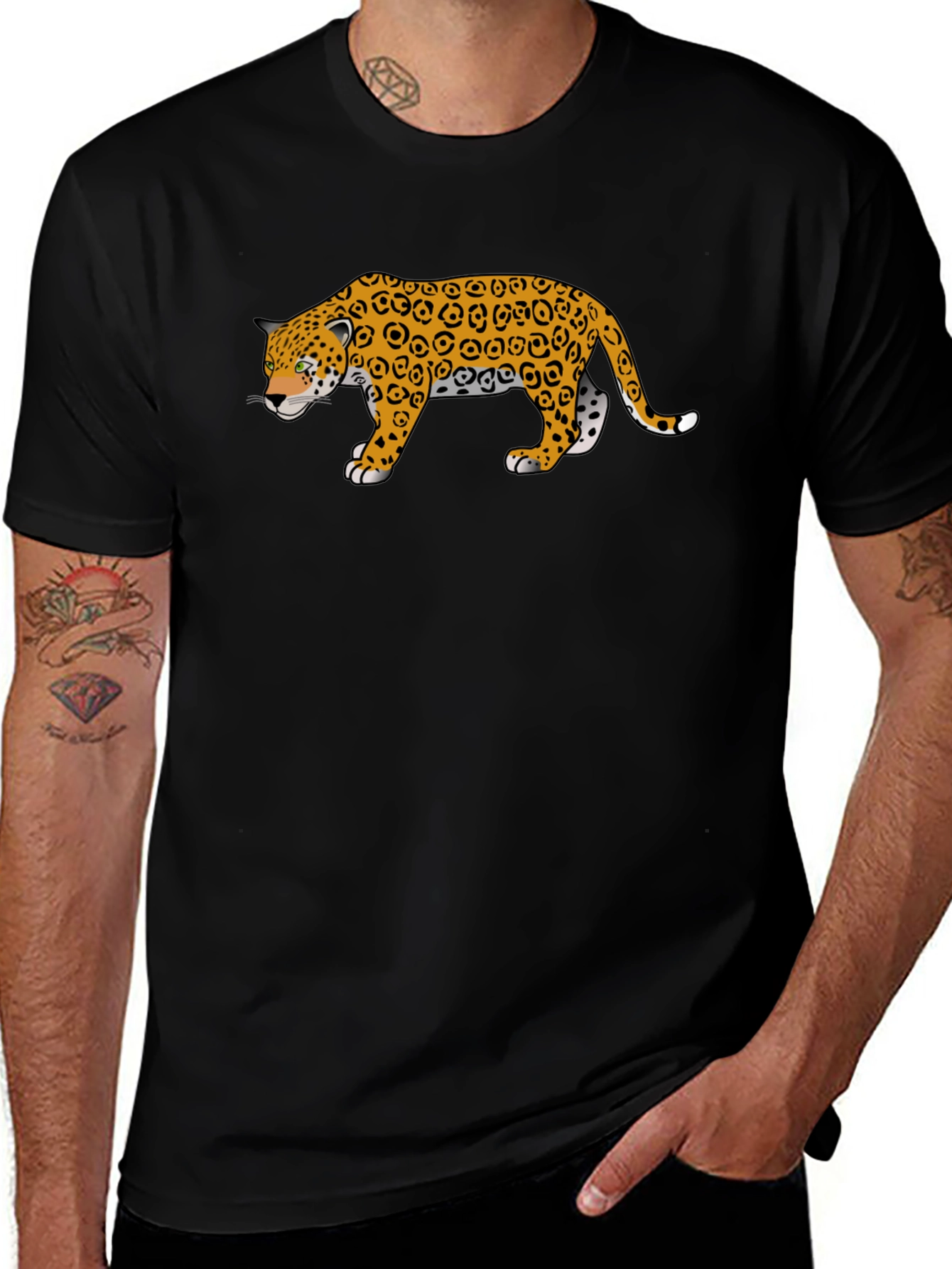 Jaguar Print Crew Neck Black T-Shirt