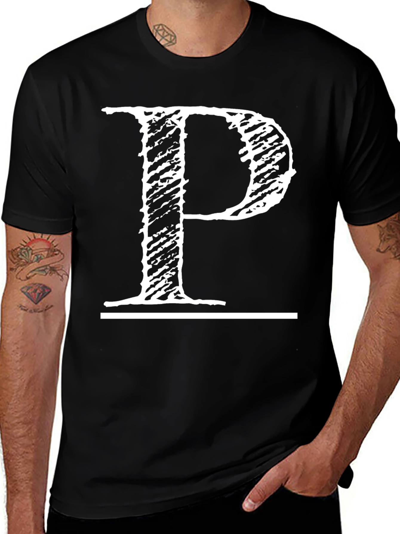 Variant 10 of Black T-Shirt with Distressed White Letter "P" Design