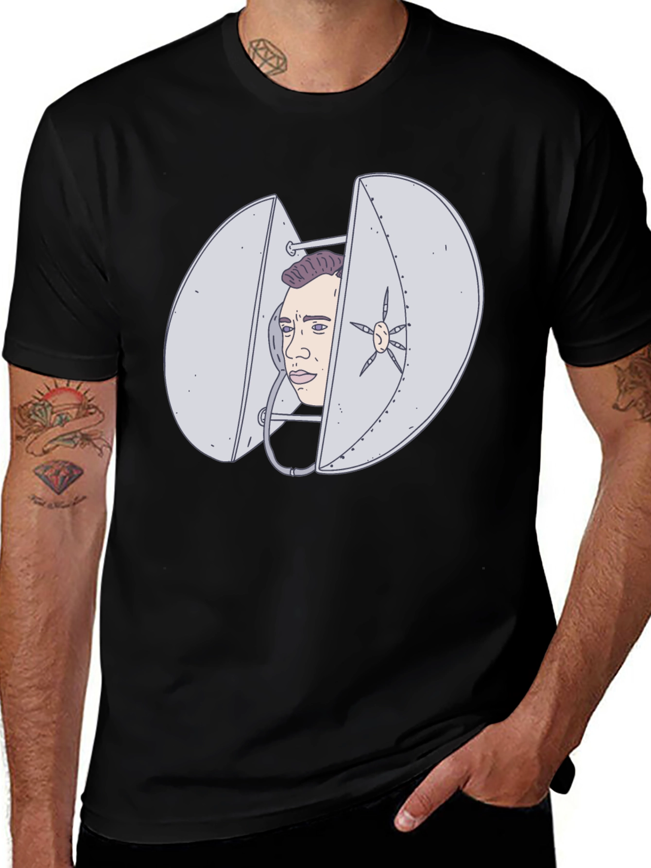 Variant 7 of Humorous Black T-Shirt with Illustrated Egg Head Design