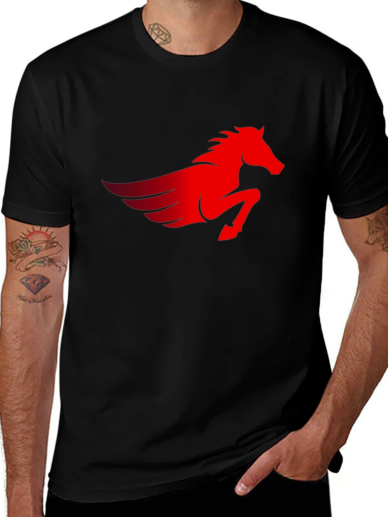 Variant 23 of Men's Black T-Shirt with Red Pegasus Graphic