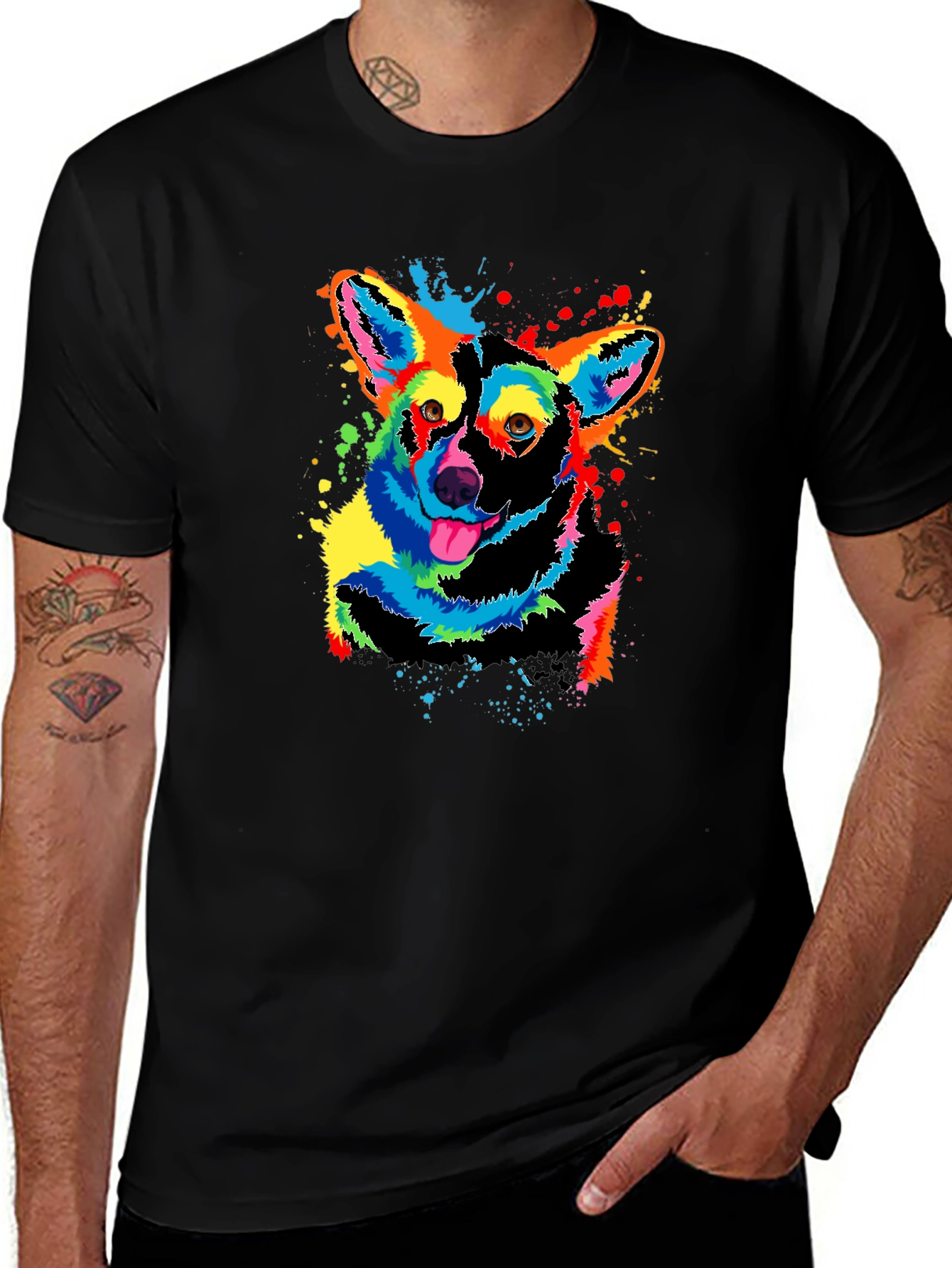 Variant 7 of Colorful Corgi Dog Graphic T-Shirt - Black