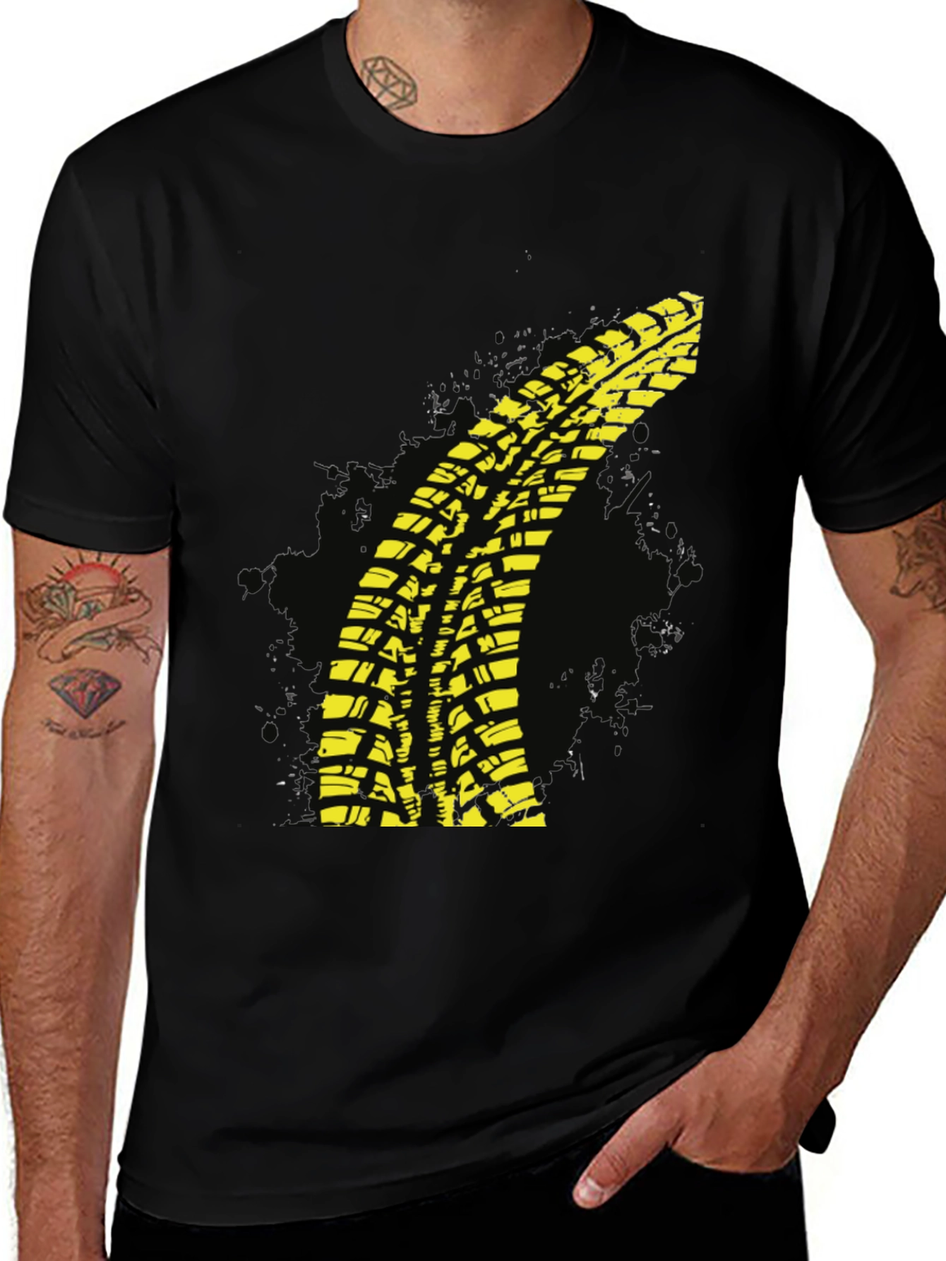 Variant 22 of Yellow Tire Track T-Shirt - Black Cotton Tee