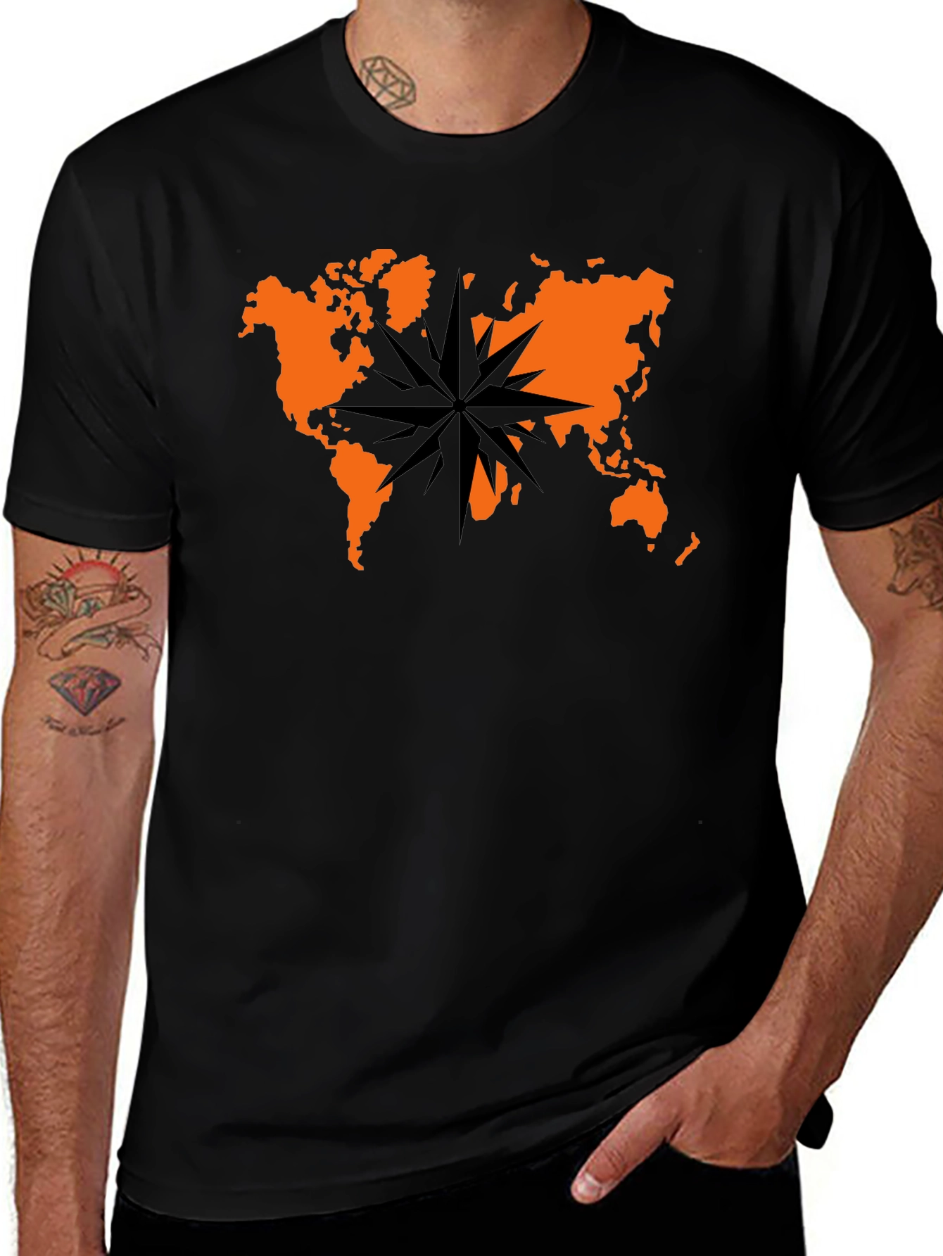 Variant 16 of World Map Compass Graphic Tee - Black