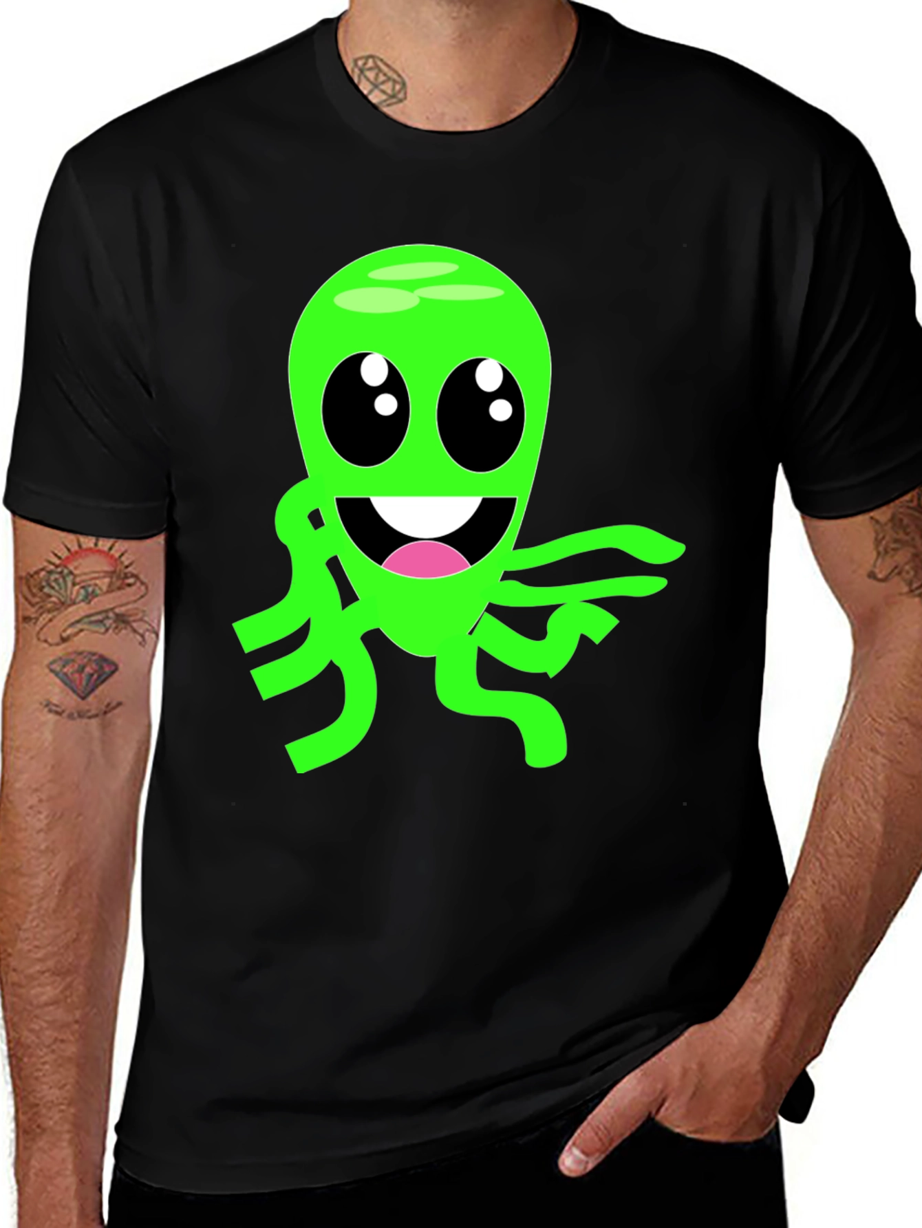 Variant 11 of Cartoon Alien Graphic Tee - Black Cotton Blend T-Shirt
