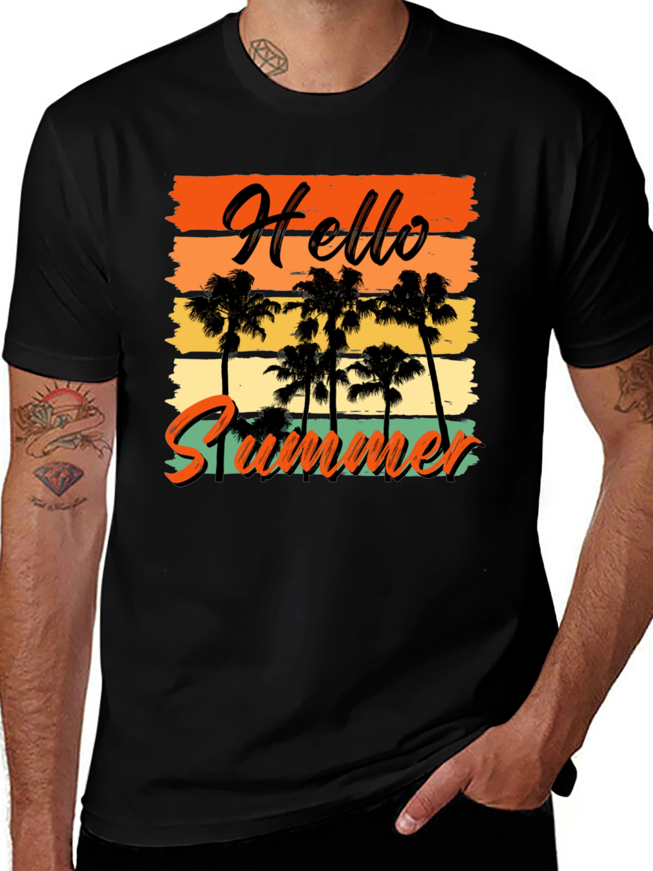Variant 26 of Hello Summer Graphic Tee - Black T-Shirt with Palm Trees