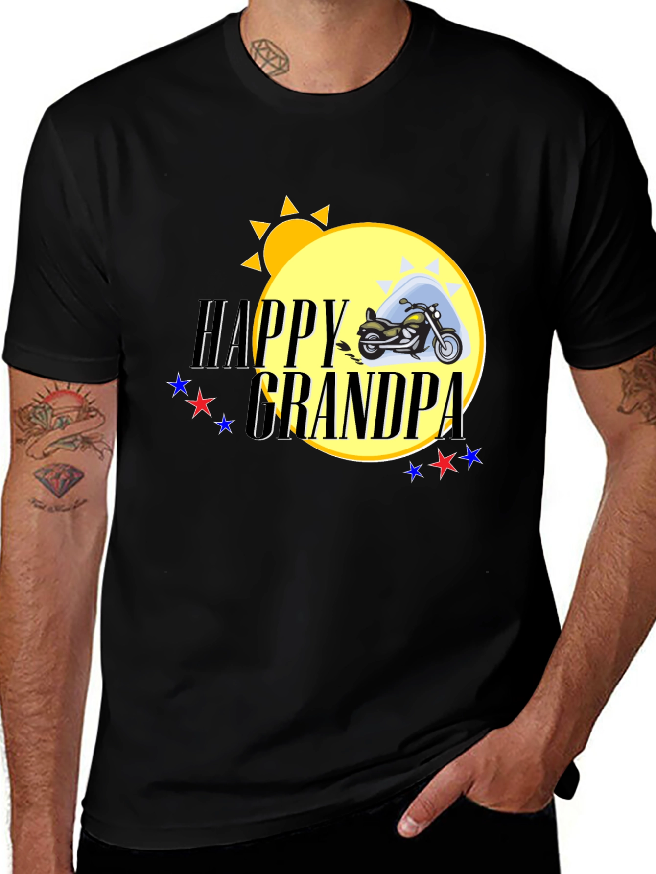 Variant 2 of Happy Grandpa Black T-Shirt - Motorcycle Graphic