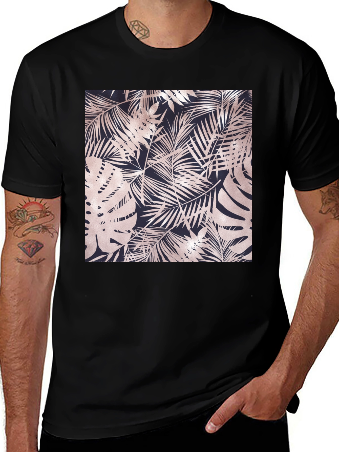 Variant 12 of Tropical Leaf Print Black T-Shirt