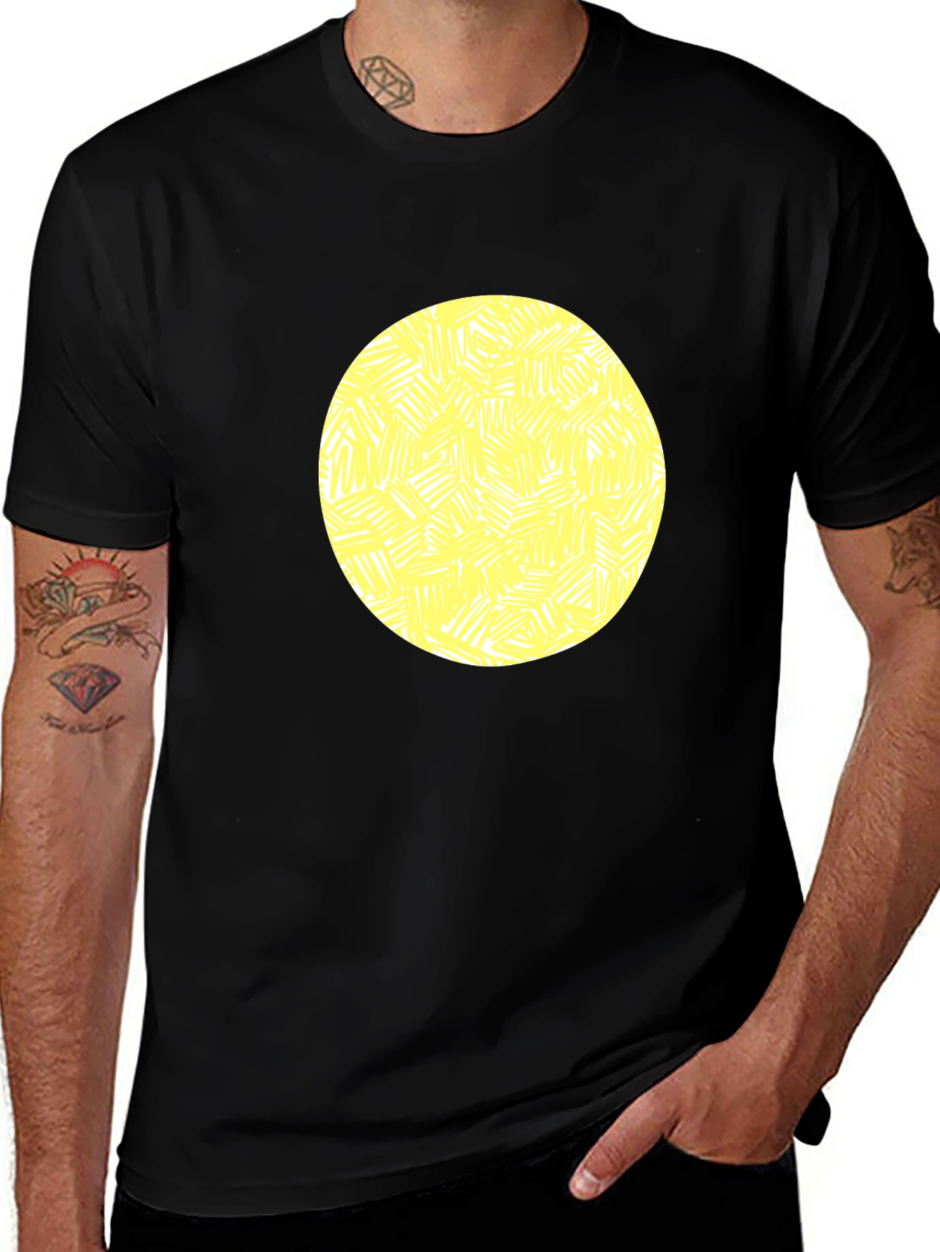 Abstract Yellow Circle Graphic Black T-Shirt