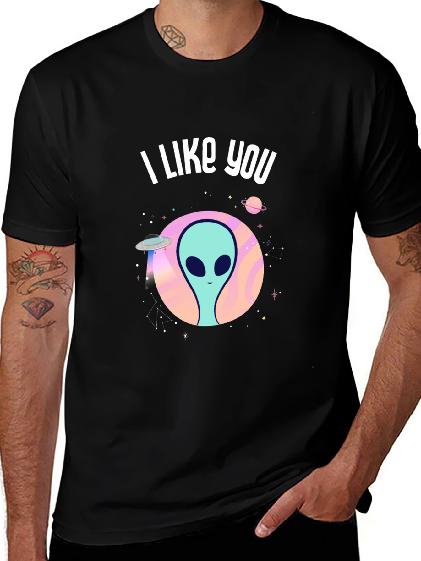 Variant 6 of I Like You Alien Graphic Tee - Black Cotton T-Shirt